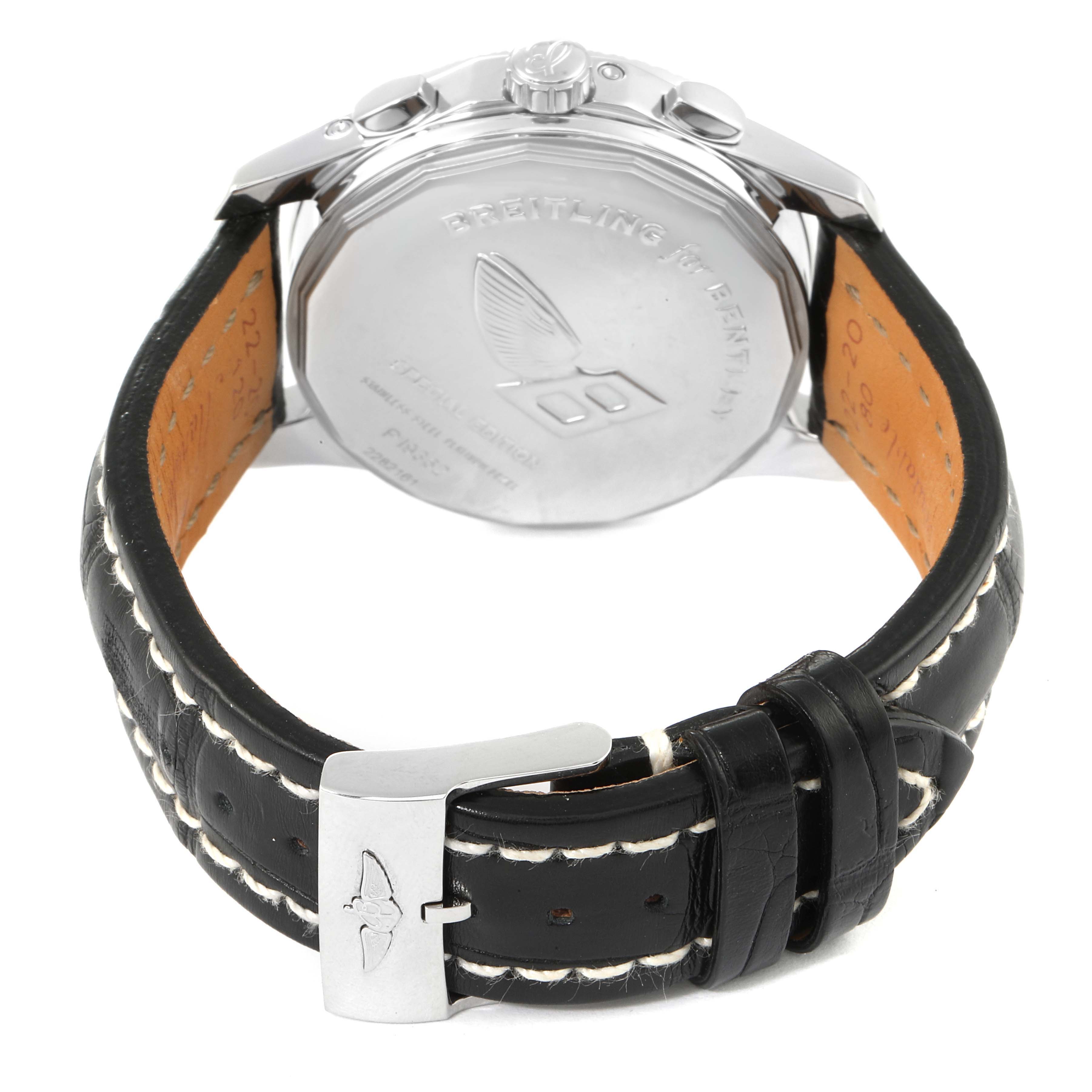 This image shows the back side and leather strap of the Breitling Bentley P19362 Men's Stainless Steel Mother of Pearl Dial P19362 Men's Stainless Steel Mother of Pearl Dial watch.