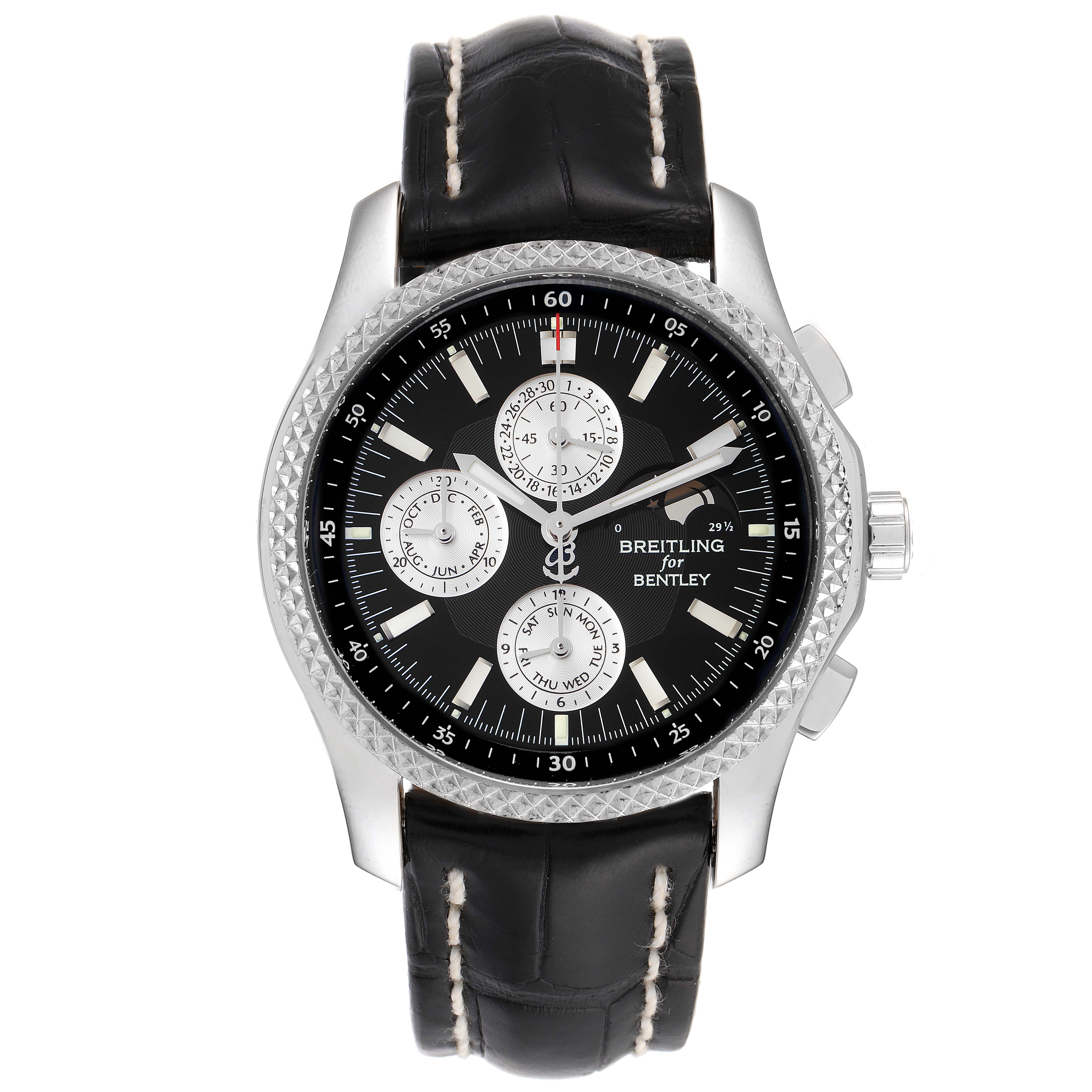 The image shows a front view of a Breitling for Bentley model watch, highlighting the dial, bezel, and leather strap.
