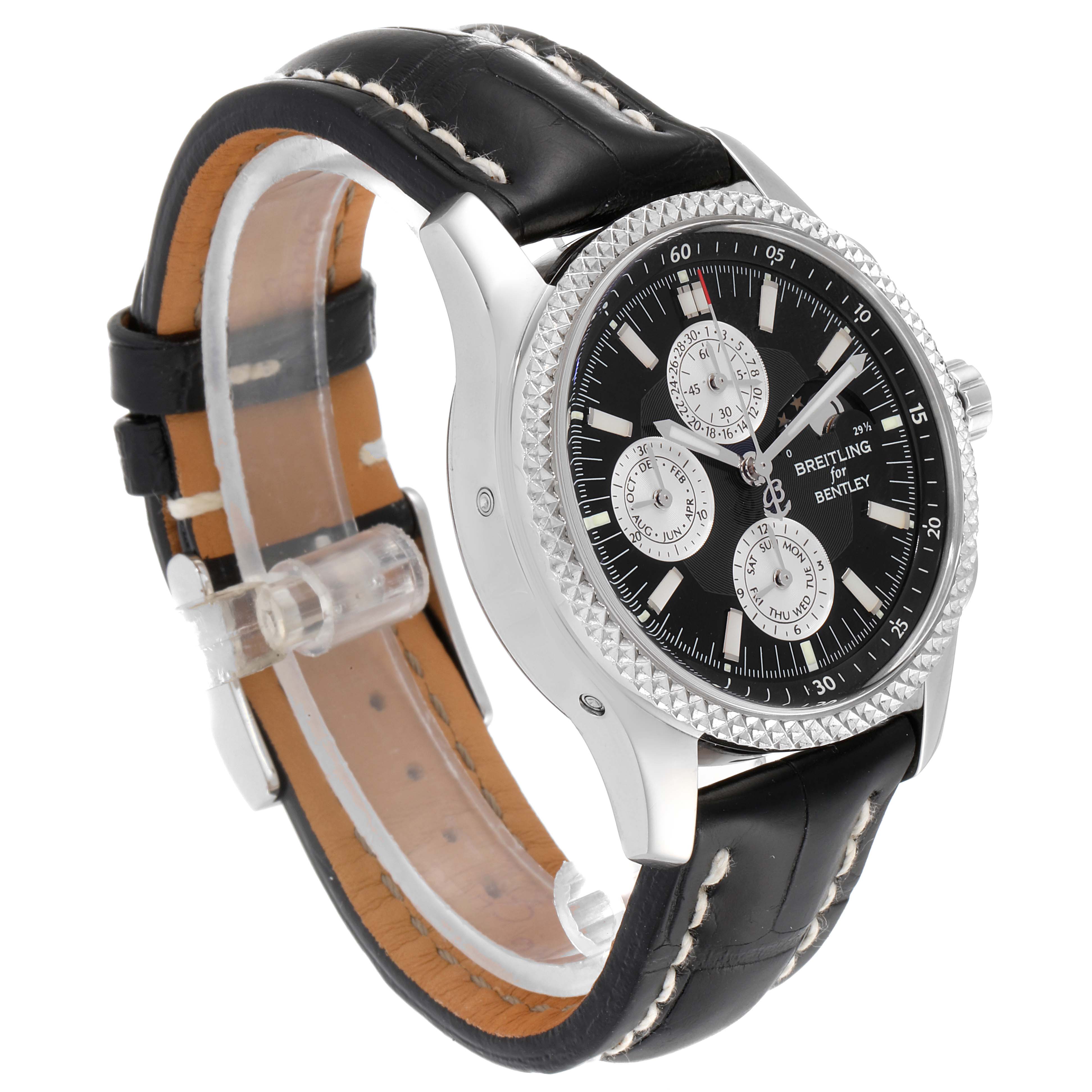 The Breitling Bentley P19362 Men's Stainless Steel Mother of Pearl Dial P19362 Men's Stainless Steel Mother of Pearl Dial watch is shown at a slight angle, displaying its black dial, white subdials, and black leather strap.