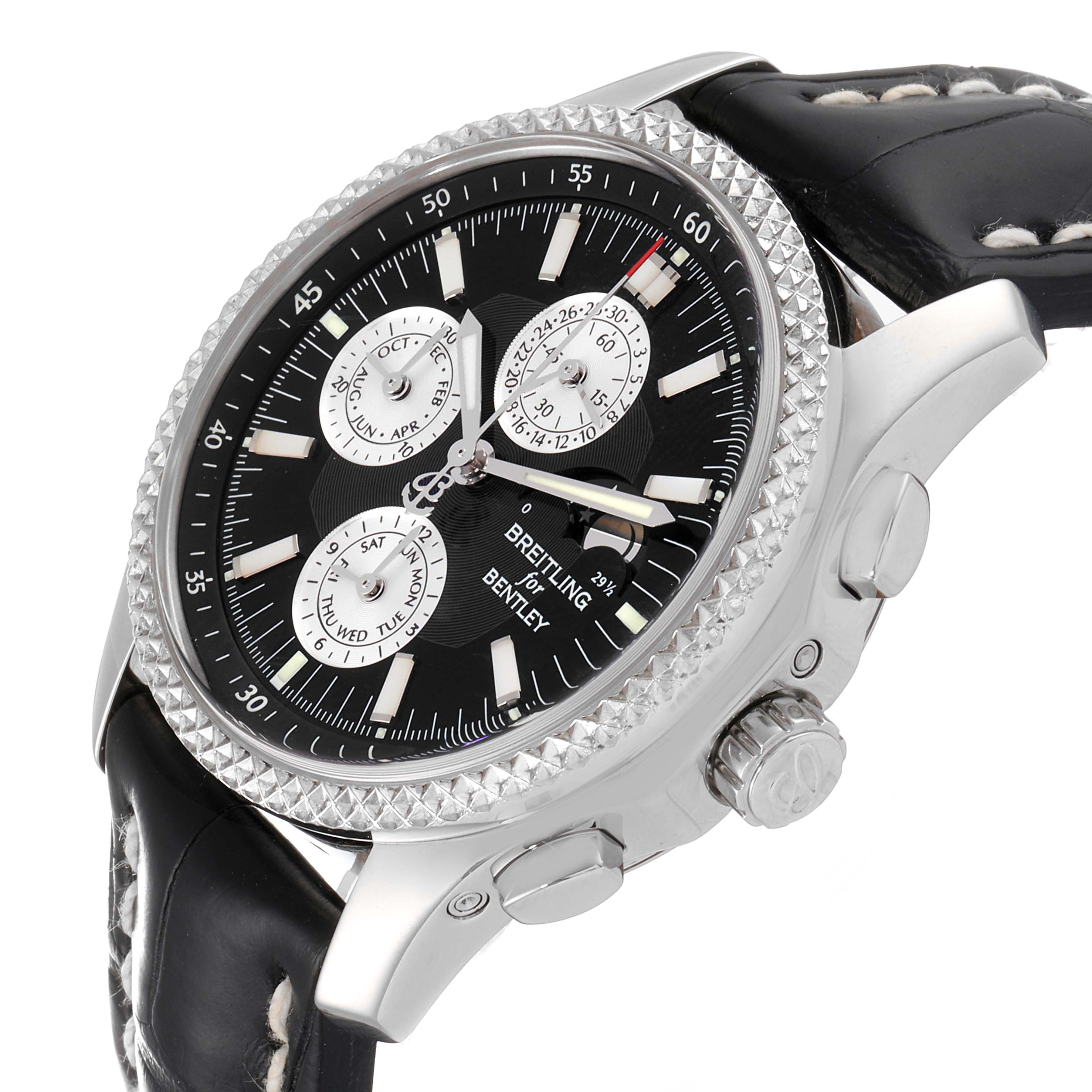 The image shows a Breitling Bentley P19362 Men's Stainless Steel Mother of Pearl Dial P19362 Men's Stainless Steel Mother of Pearl Dial watch from a slightly angled side view, highlighting the face, bezel, crown, and strap.