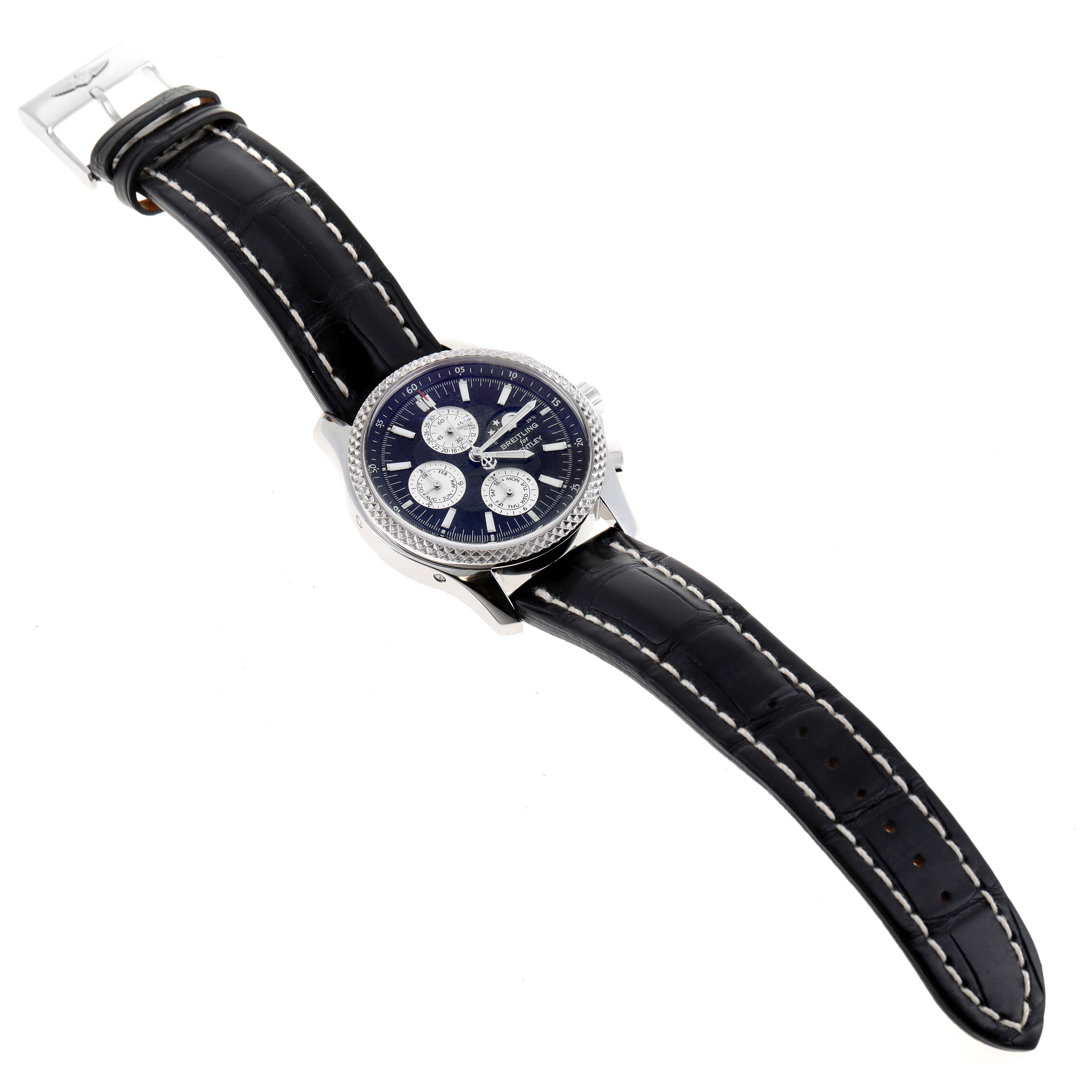 The image shows a top-down view of the Breitling Bentley P19362 Men's Stainless Steel Mother of Pearl Dial P19362 Men's Stainless Steel Mother of Pearl Dial watch, displaying the face, case, and full leather strap.