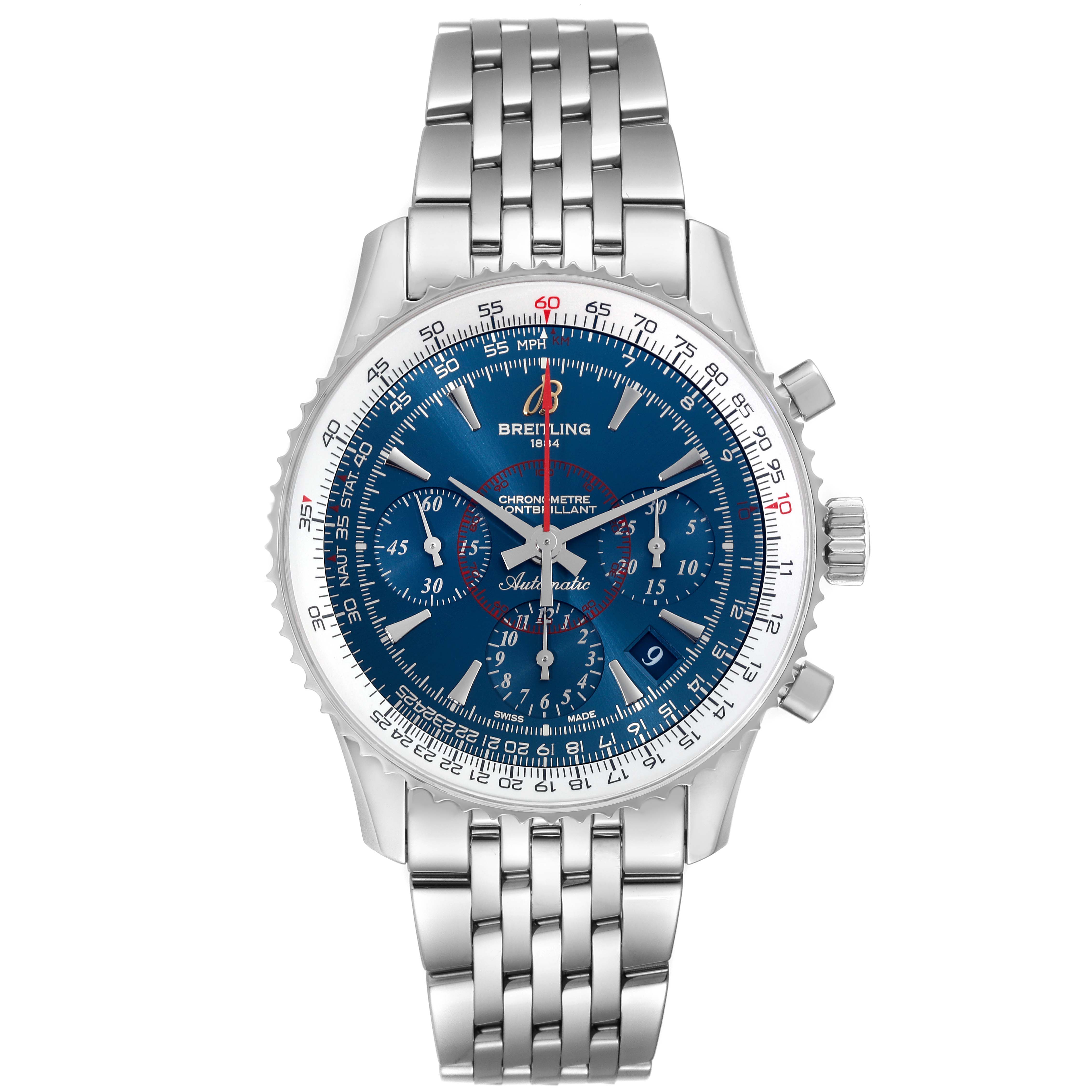 The image shows a front view of a Breitling Navitimer AB0130C5-C894-448A Men's Stainless Steel Blue Dial AB0130C5-C894-448A Men's Stainless Steel Blue Dial watch featuring a stainless steel bracelet and a blue dial.