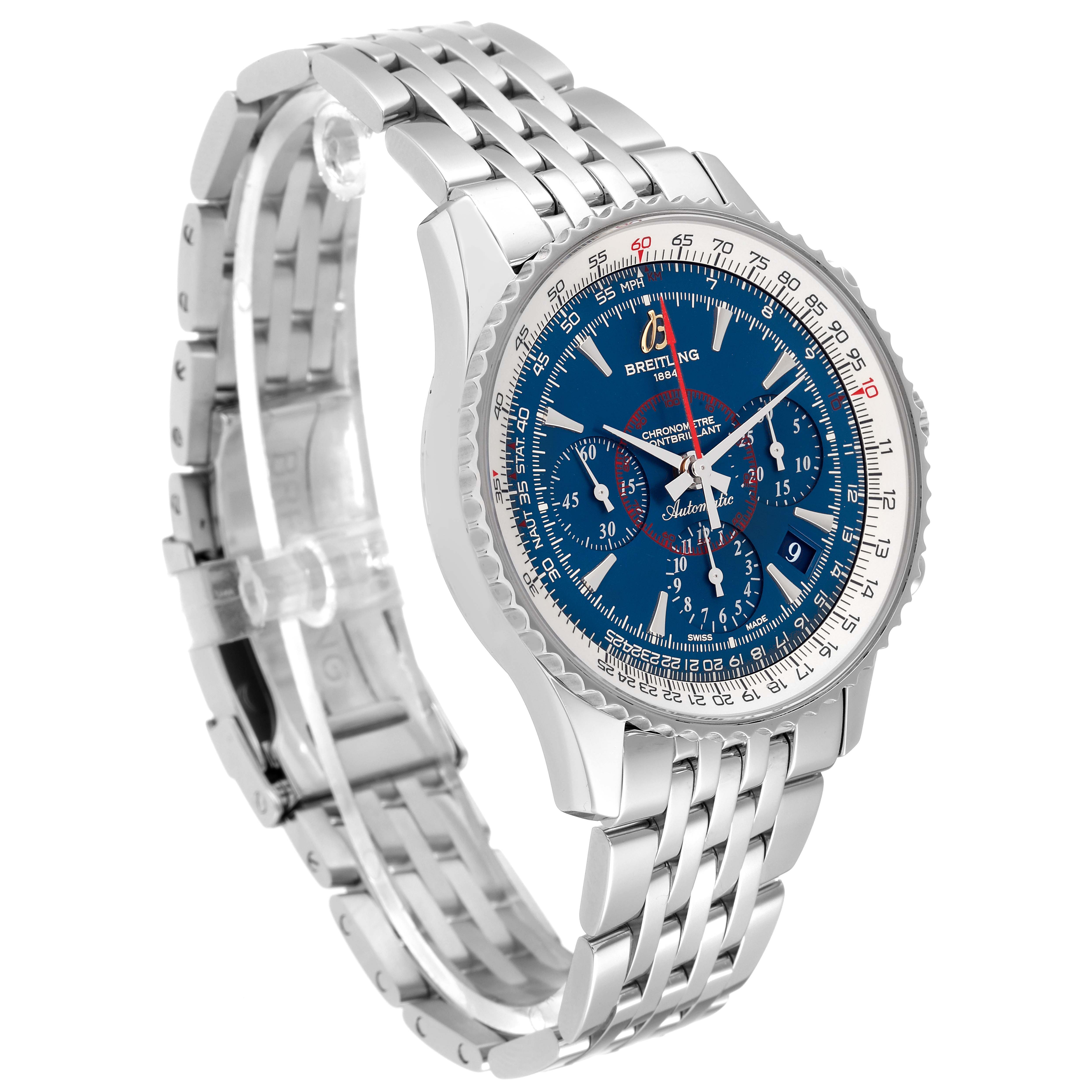 The image shows a Breitling Navitimer AB0130C5-C894-448A Men's Stainless Steel Blue Dial AB0130C5-C894-448A Men's Stainless Steel Blue Dial watch at a three-quarter angle, highlighting its blue dial, bezel, and metal link bracelet.