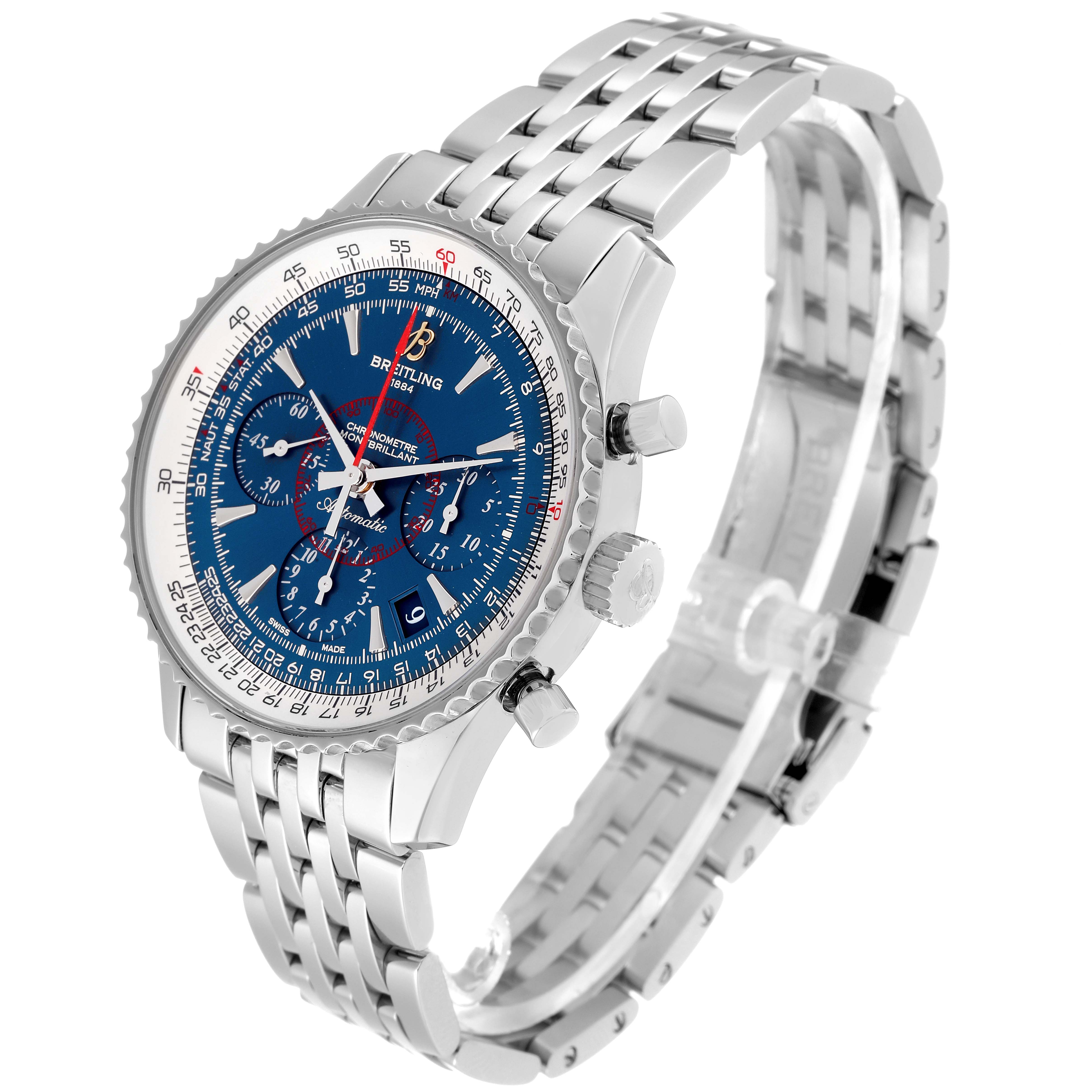 The image shows a Breitling Navitimer AB0130C5-C894-448A Men's Stainless Steel Blue Dial AB0130C5-C894-448A Men's Stainless Steel Blue Dial watch at a three-quarter angle, displaying the face, bezel, crown, and bracelet.