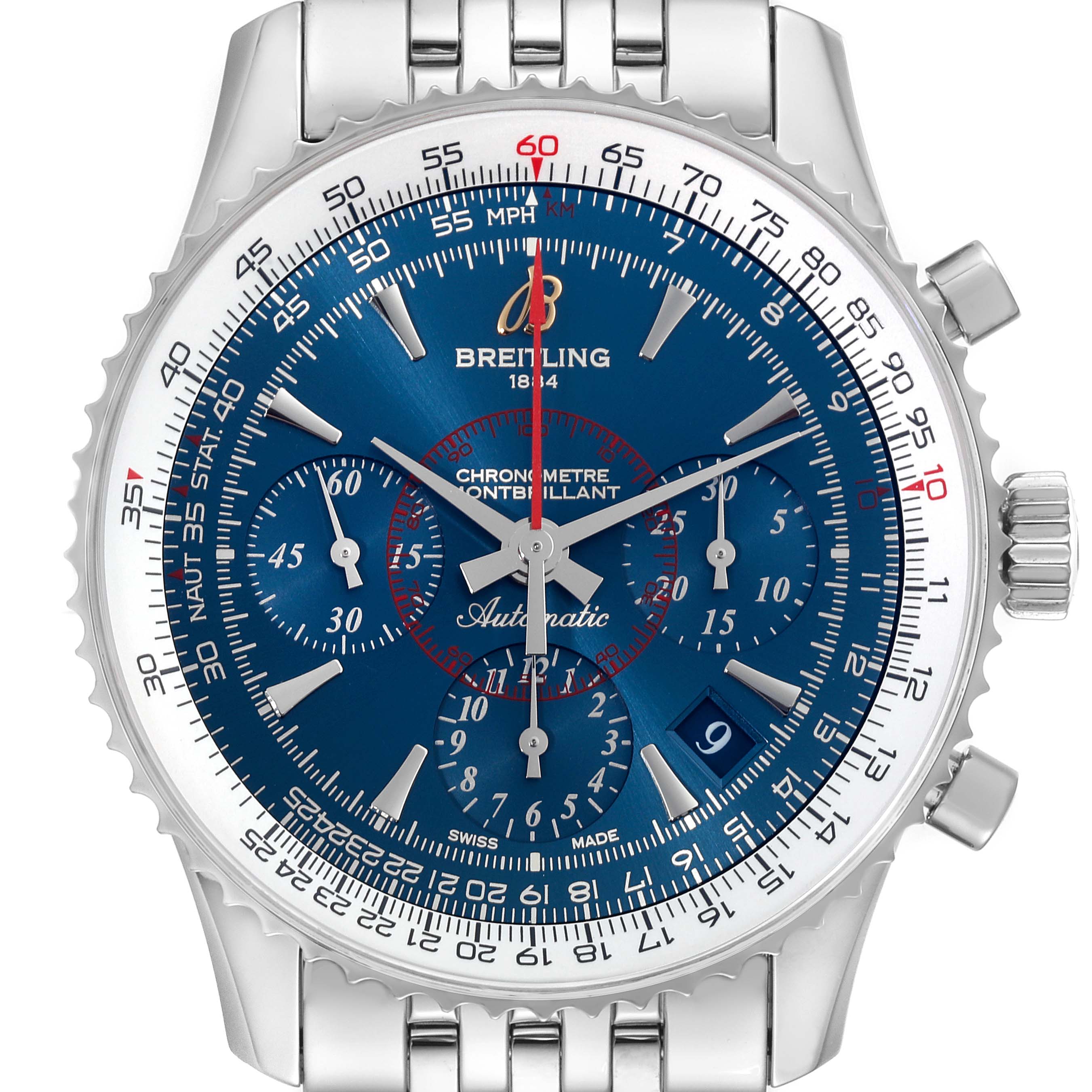 The image shows a front-facing view of the Breitling Navitimer AB0130C5-C894-448A Men's Stainless Steel Blue Dial AB0130C5-C894-448A Men's Stainless Steel Blue Dial watch, focusing on the face, bezel, and part of the bracelet.