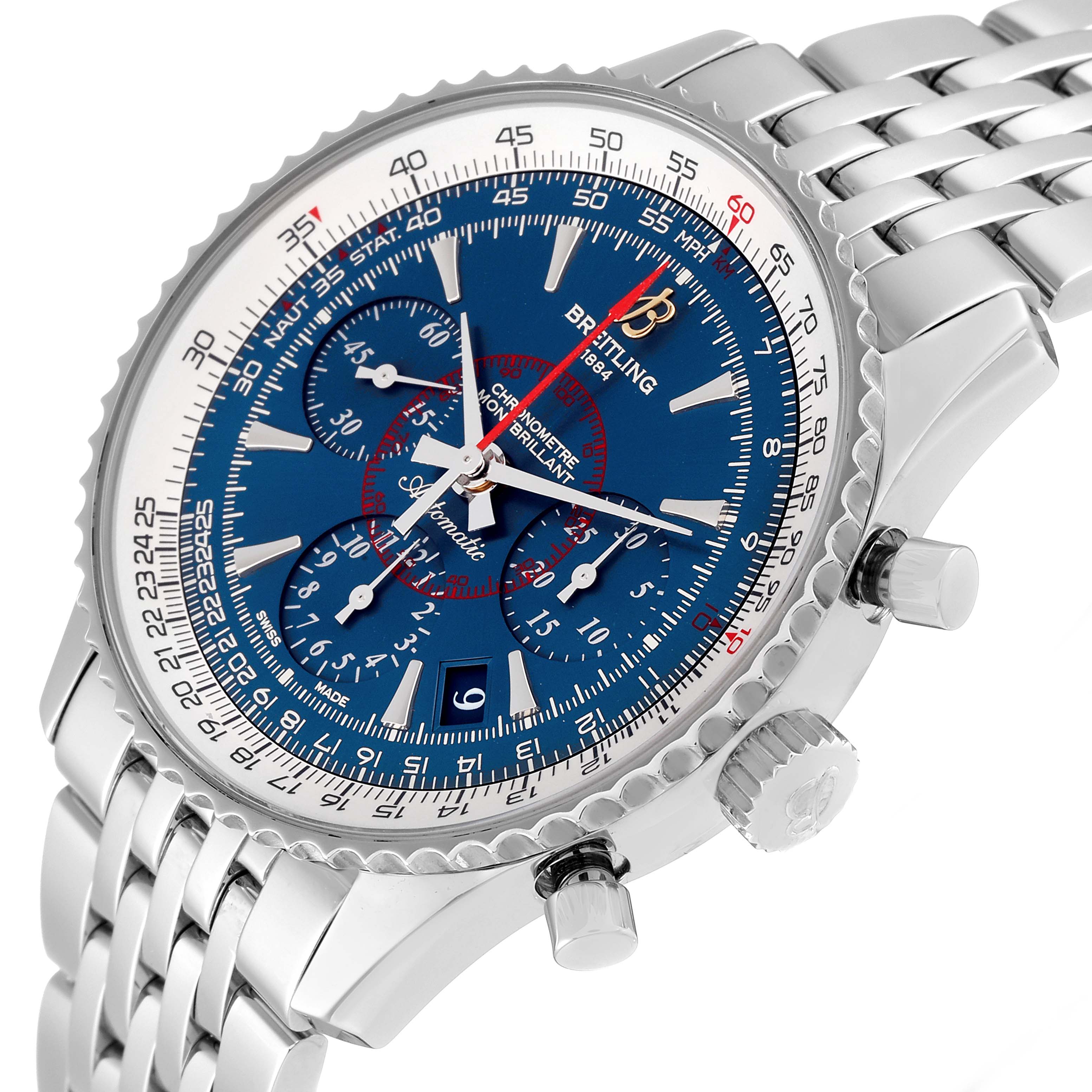 The Breitling Navitimer AB0130C5-C894-448A Men's Stainless Steel Blue Dial AB0130C5-C894-448A Men's Stainless Steel Blue Dial watch is shown at an angled view, highlighting its blue dial, chronograph subdials, bezel, and metal link bracelet.