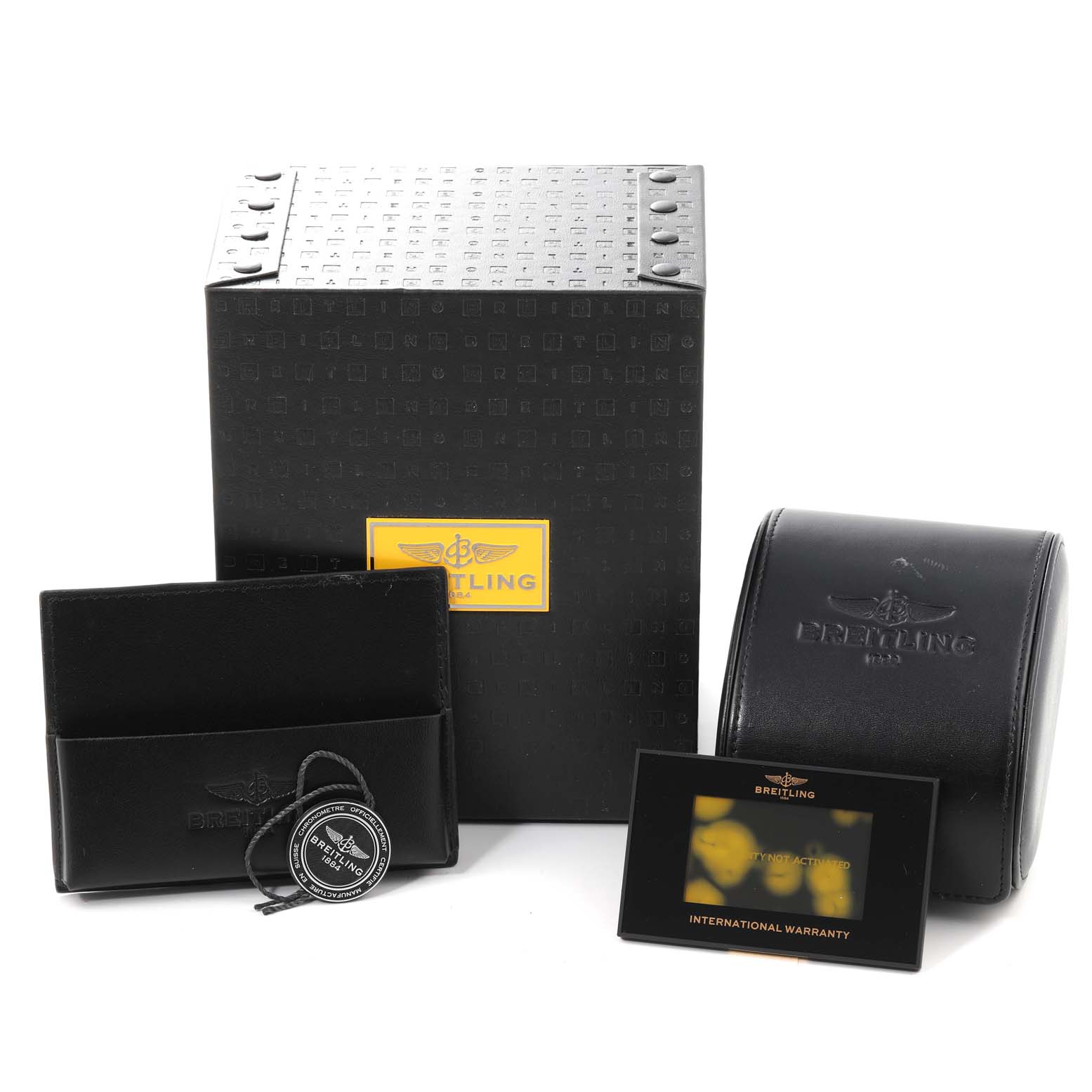 The image shows the box, travel case, warranty card, and tag of a Breitling Navitimer AB0130C5-C894-448A Men's Stainless Steel Blue Dial AB0130C5-C894-448A Men's Stainless Steel Blue Dial watch, viewed from the front.