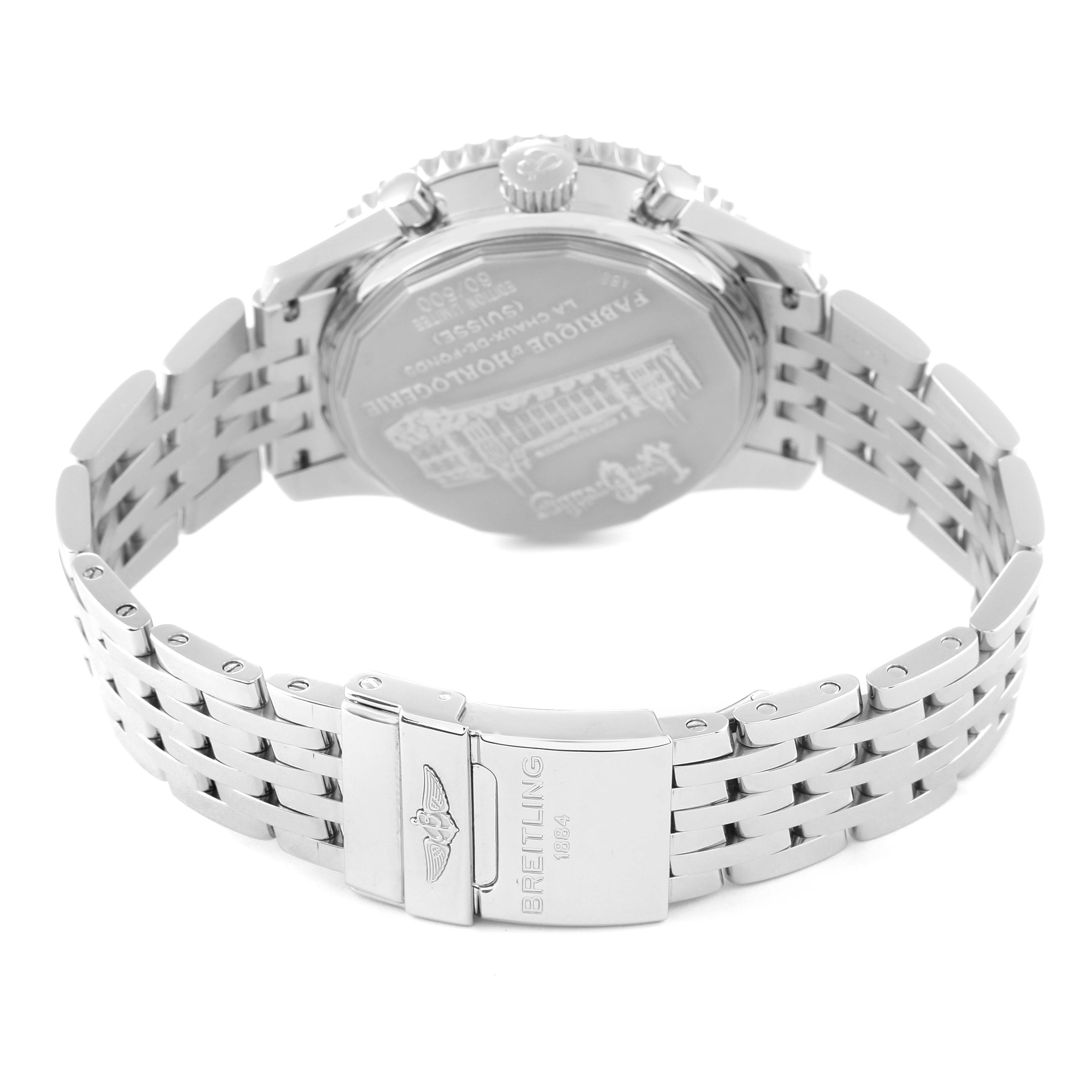 This image shows the back case and bracelet of a Breitling Navitimer AB0130C5-C894-448A Men's Stainless Steel Blue Dial AB0130C5-C894-448A Men's Stainless Steel Blue Dial watch from a rear angle.