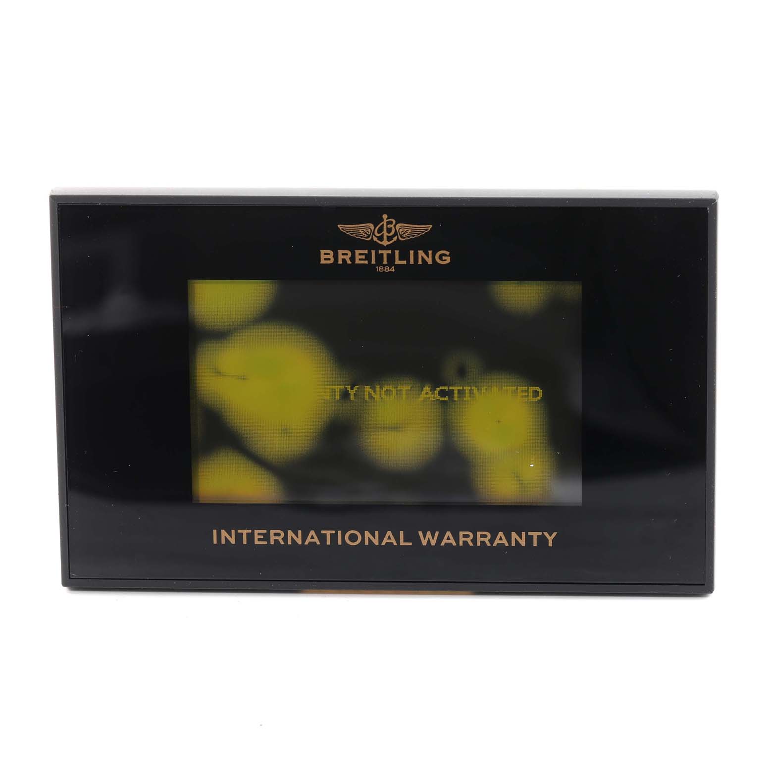 The image shows the front view of an unactivated international warranty card for the Breitling Navitimer AB0130C5-C894-448A Men's Stainless Steel Blue Dial AB0130C5-C894-448A Men's Stainless Steel Blue Dial watch.