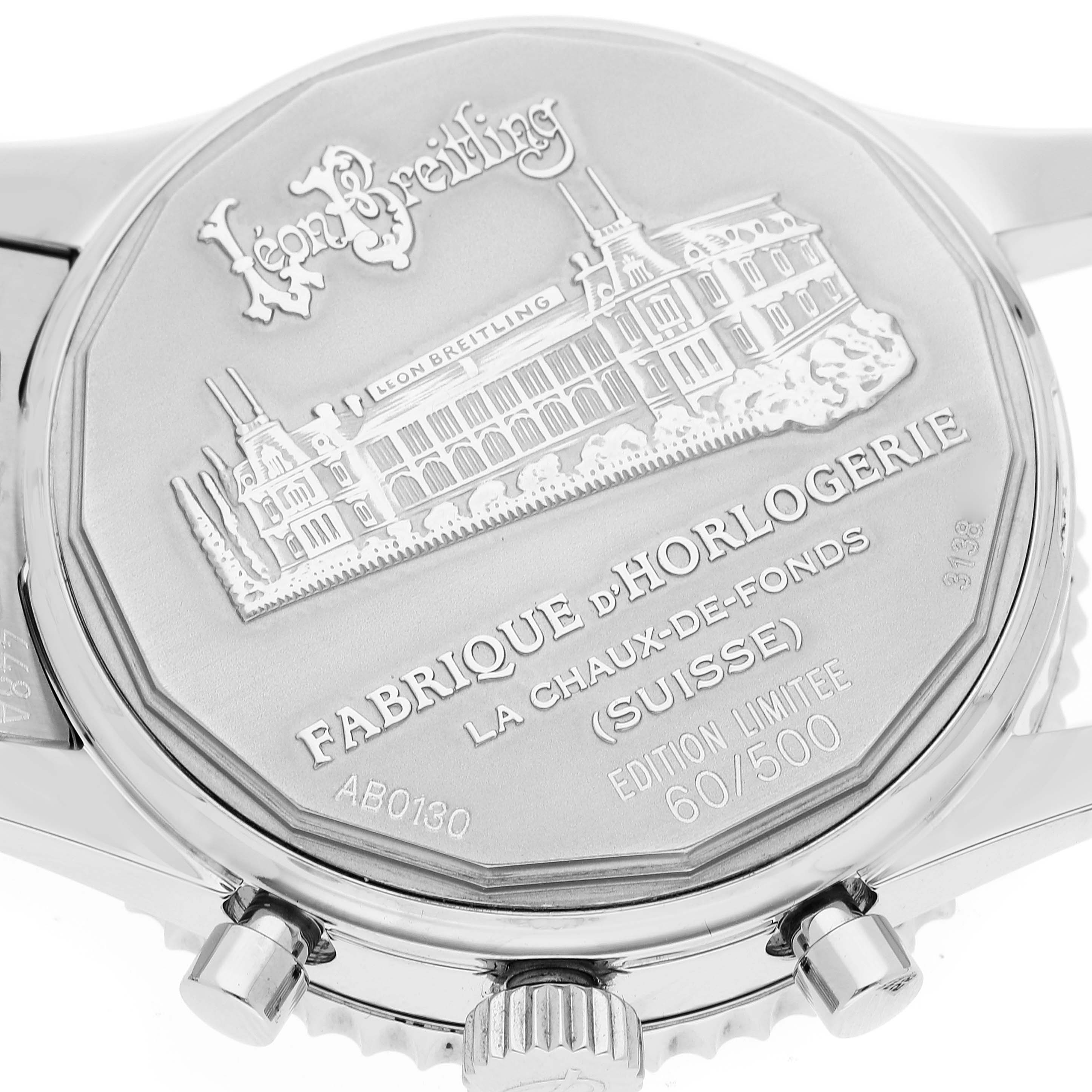 This image shows the back case of a Breitling Navitimer AB0130C5-C894-448A Men's Stainless Steel Blue Dial AB0130C5-C894-448A Men's Stainless Steel Blue Dial watch, featuring ornate engravings and branding details.