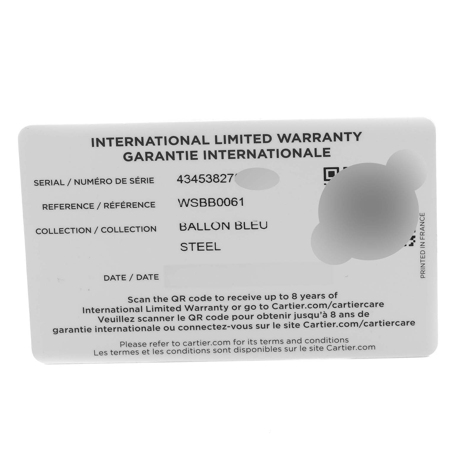 This image shows the warranty card for the Cartier Ballon Bleu WSBB0061 Men's Stainless Steel Blue Dial WSBB0061 Men's Stainless Steel Blue Dial watch model.