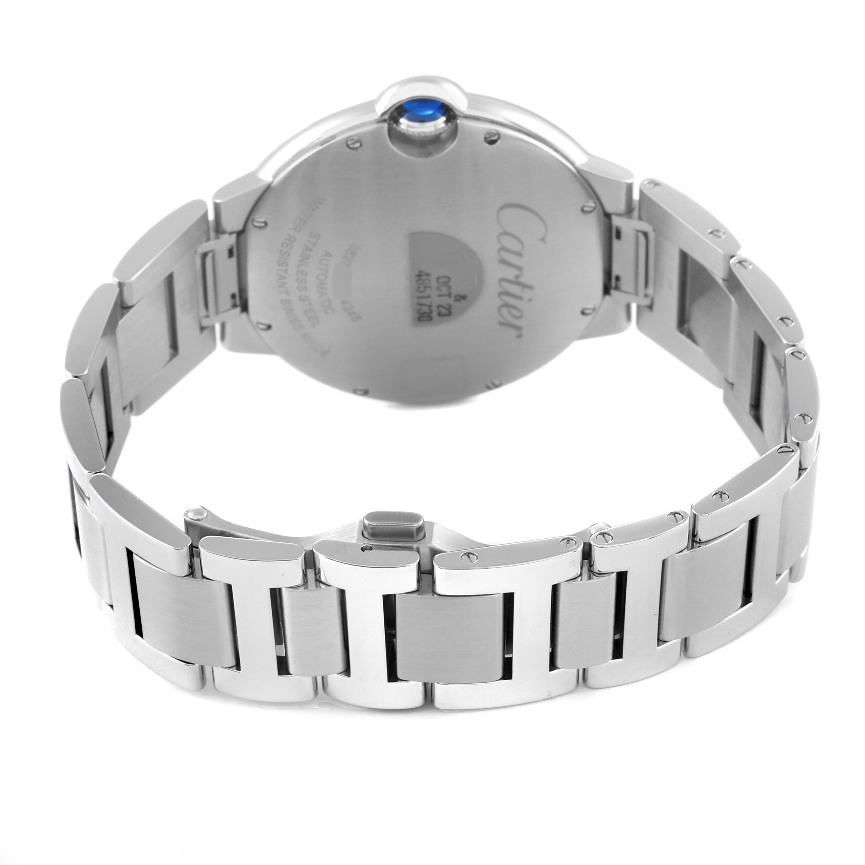 The image shows the back case and bracelet of a Cartier Ballon Bleu WSBB0061 Men's Stainless Steel Blue Dial WSBB0061 Men's Stainless Steel Blue Dial watch, viewed from the rear.