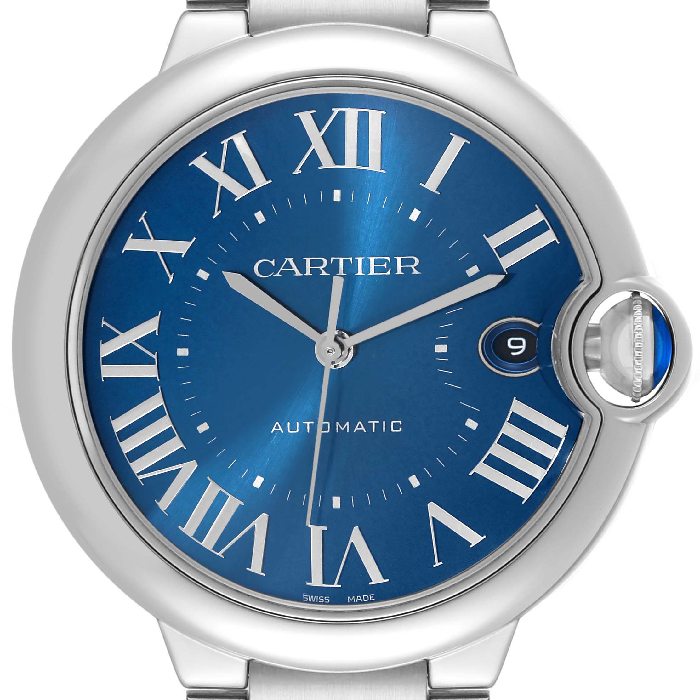The image shows a frontal view of the Cartier Ballon Bleu WSBB0061 Men's Stainless Steel Blue Dial WSBB0061 Men's Stainless Steel Blue Dial watch, highlighting its blue dial, Roman numerals, and date window.