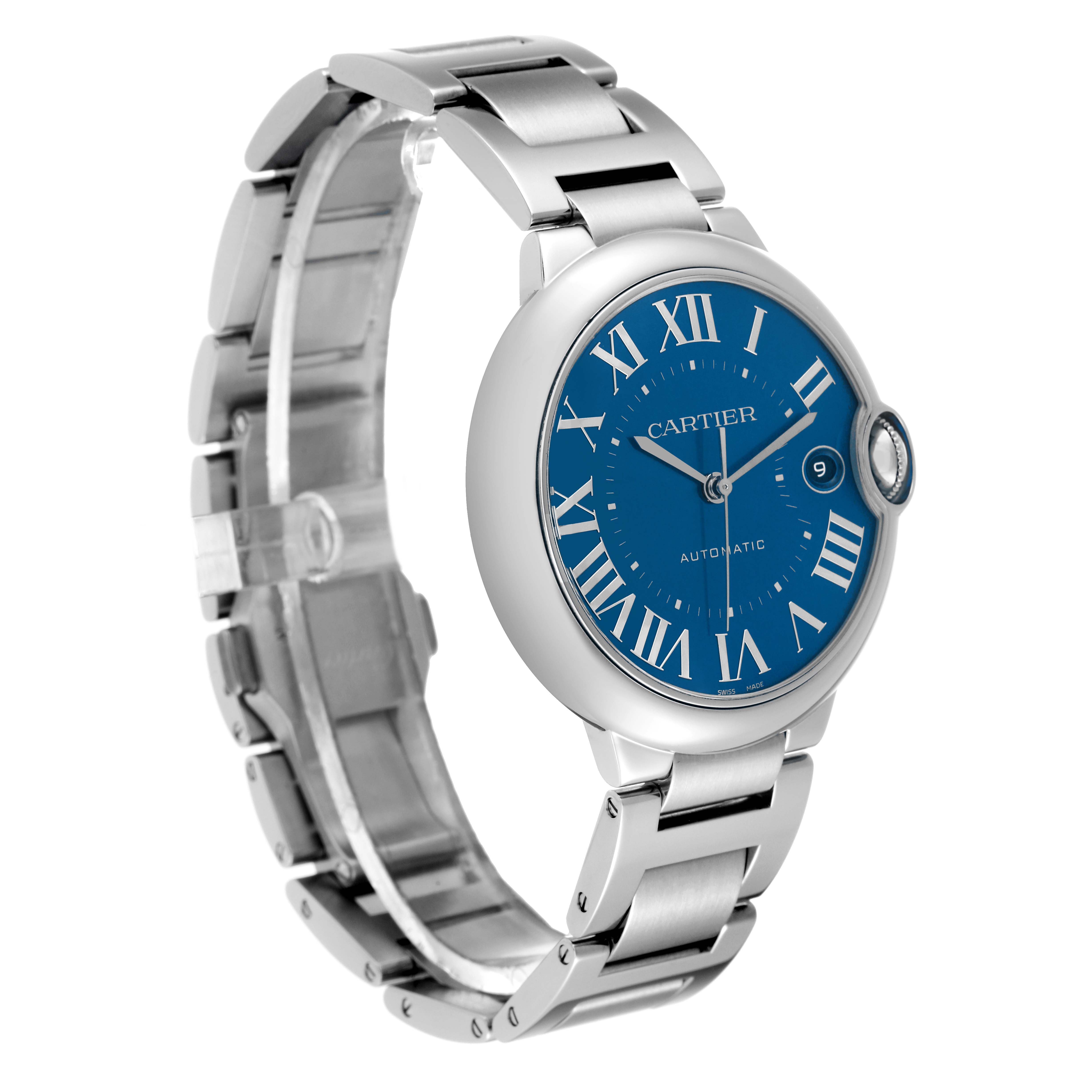 The image shows a Cartier Ballon Bleu WSBB0061 Men's Stainless Steel Blue Dial WSBB0061 Men's Stainless Steel Blue Dial watch at a three-quarter angle, highlighting its blue dial, date window, and metal bracelet.