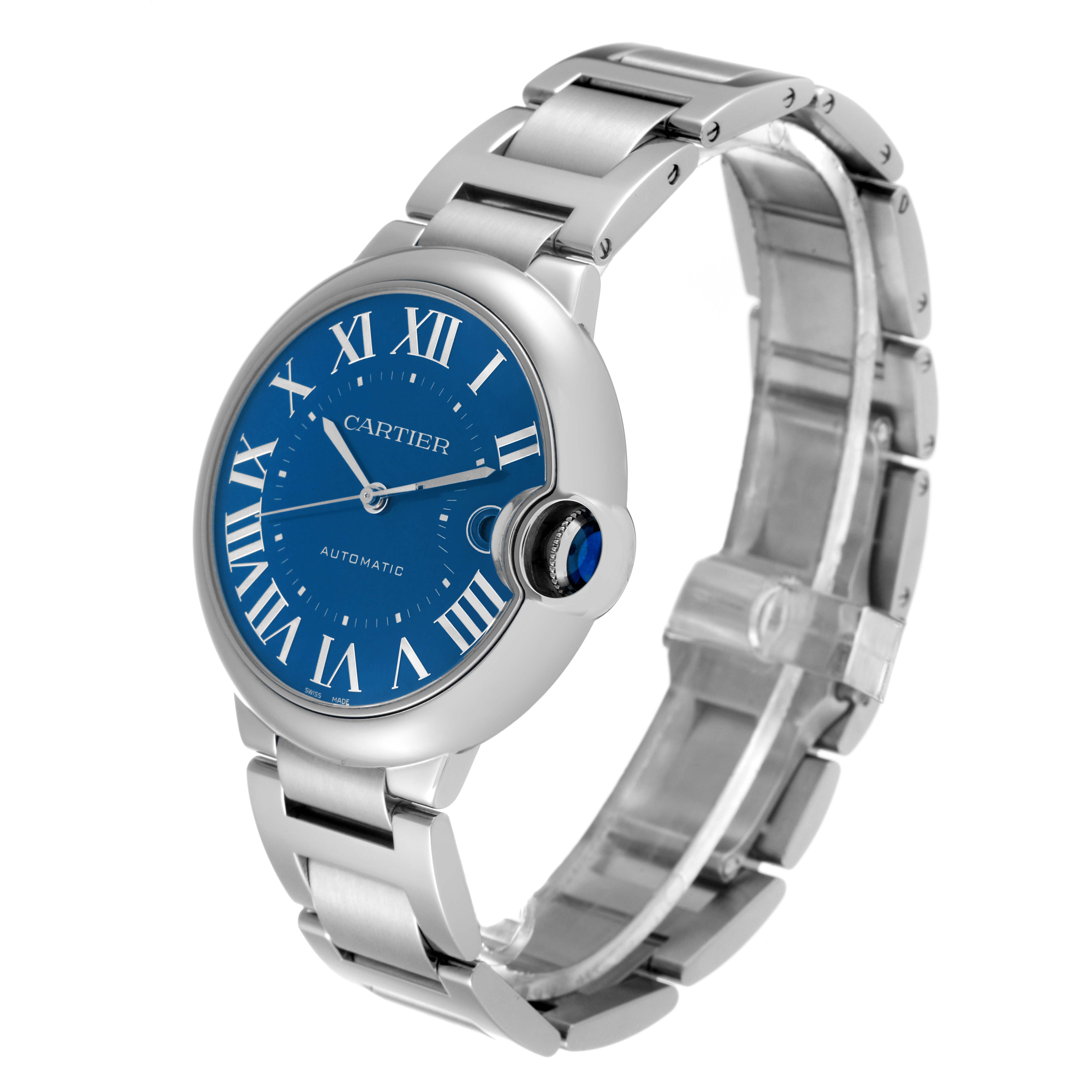 The image shows a Cartier Ballon Bleu WSBB0061 Men's Stainless Steel Blue Dial WSBB0061 Men's Stainless Steel Blue Dial watch angled to display the face, bezel, crown, and part of the stainless steel bracelet.
