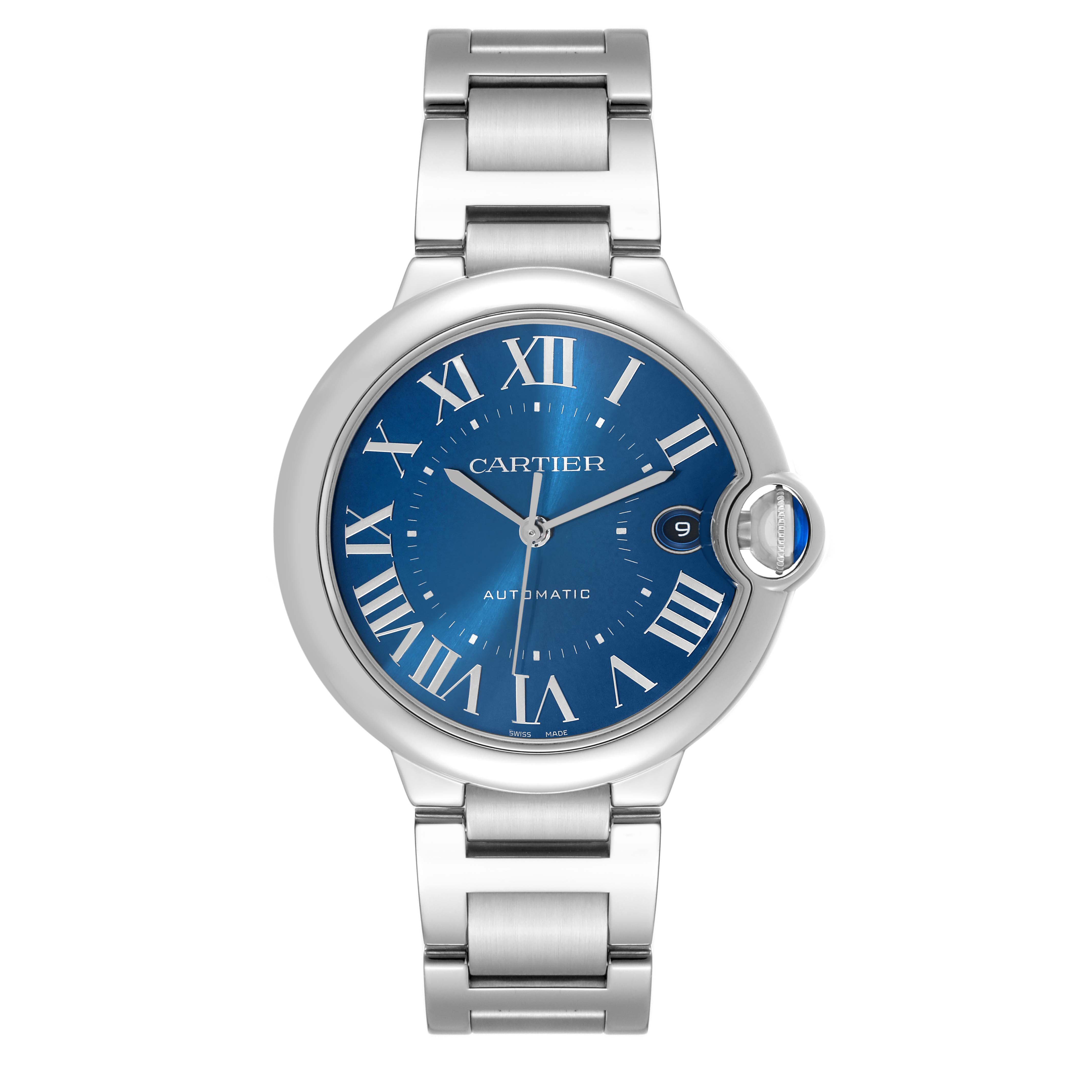 The image shows a front view of the Cartier Ballon Bleu WSBB0061 Men's Stainless Steel Blue Dial WSBB0061 Men's Stainless Steel Blue Dial watch, displaying its blue dial, Roman numerals, and metal bracelet.