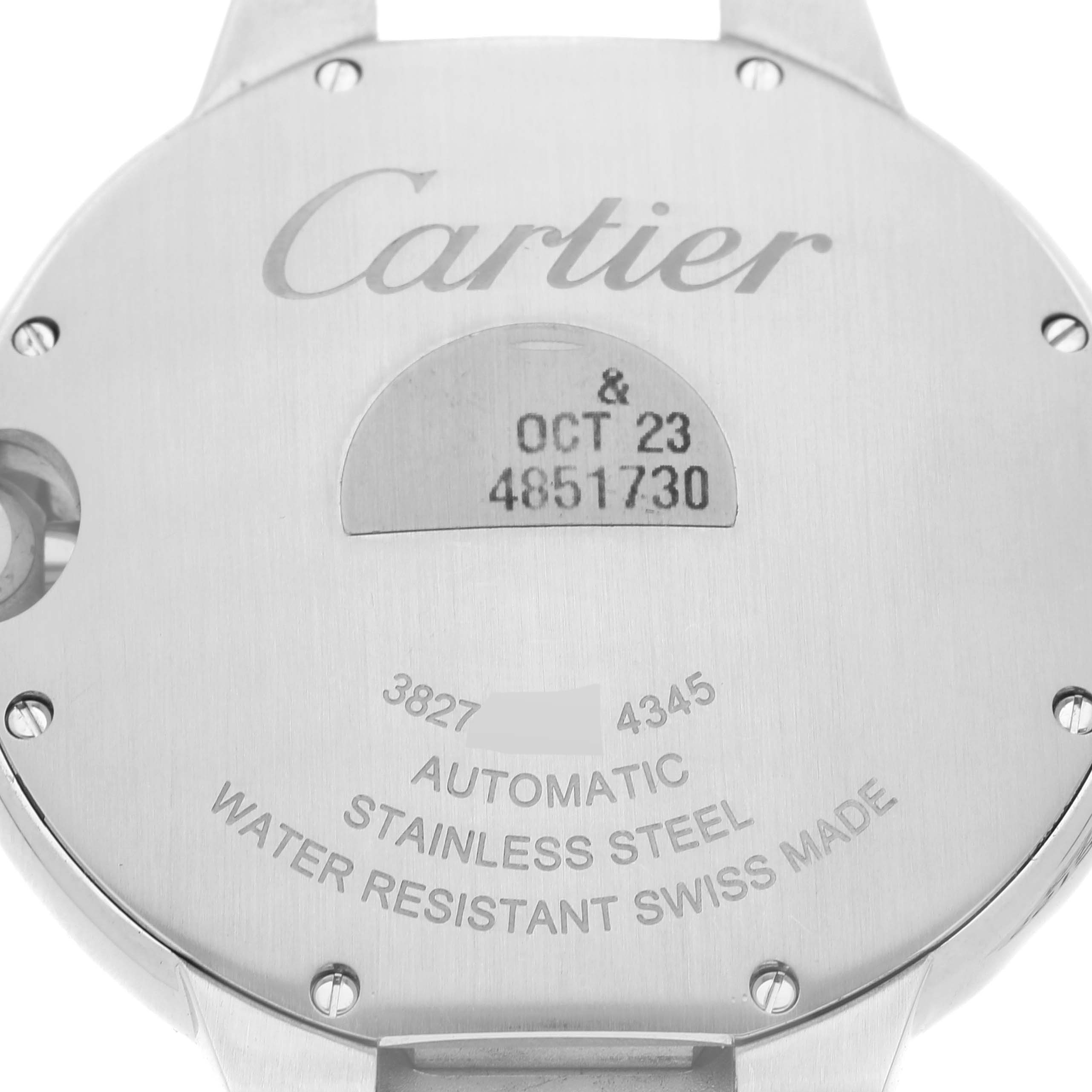 This image shows the back case of the Cartier Ballon Bleu WSBB0061 Men's Stainless Steel Blue Dial WSBB0061 Men's Stainless Steel Blue Dial watch, featuring engravings of the brand, model, and specifications.