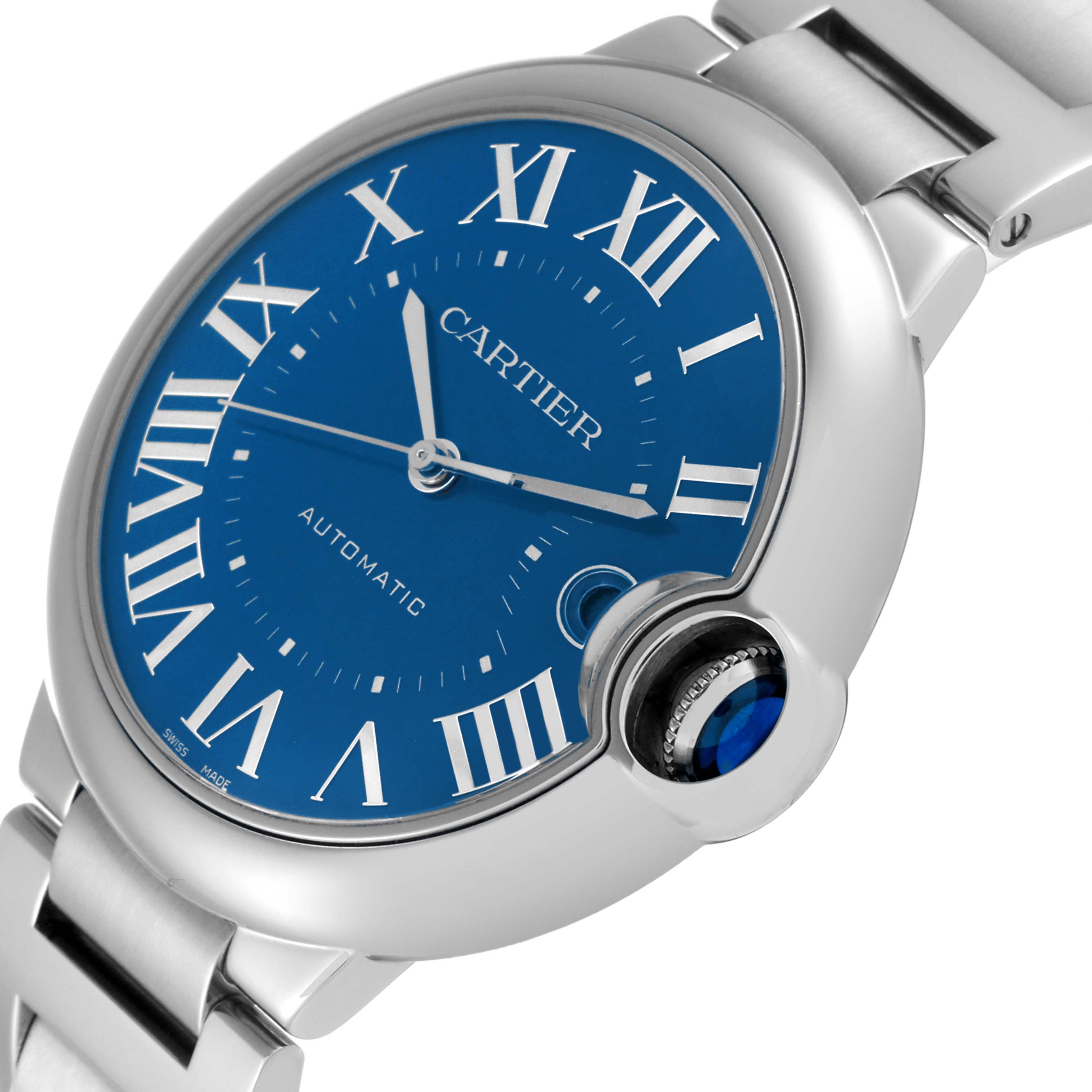 The image shows a close-up view of the blue dial and case of a Ballon Bleu by Cartier watch.