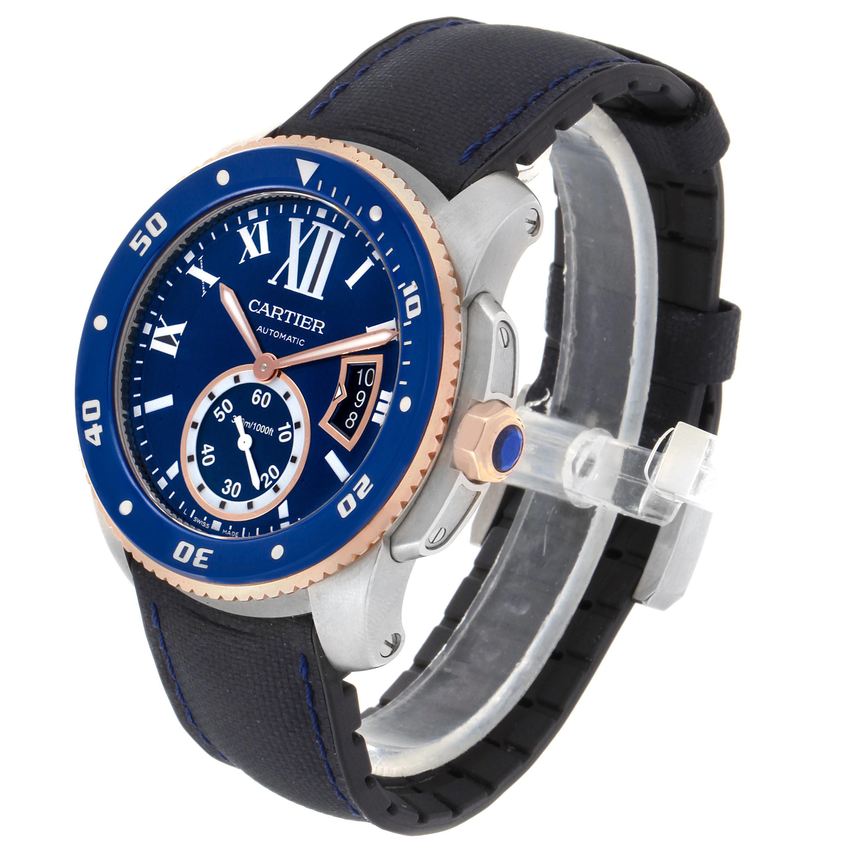 The image shows a Calibre de Cartier watch by Cartier from an angled side view, highlighting the face, bezel, and strap.