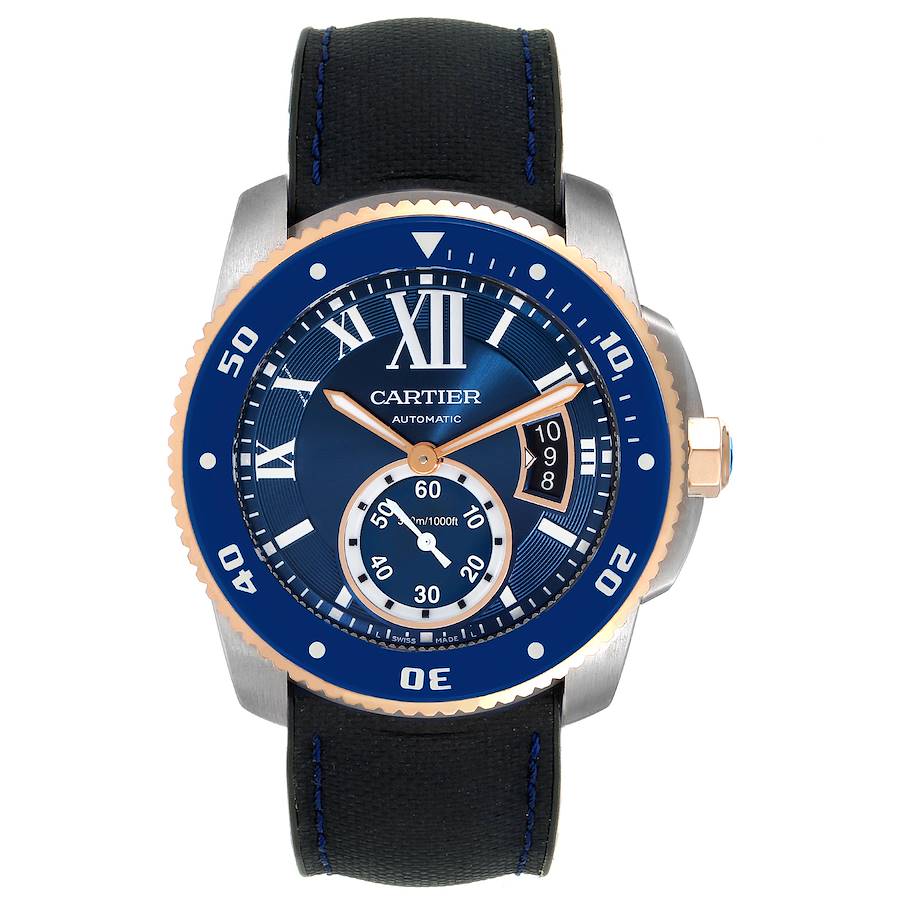 Cartier Calibre Diver Steel Rose Gold Blue Rubber Strap Watch