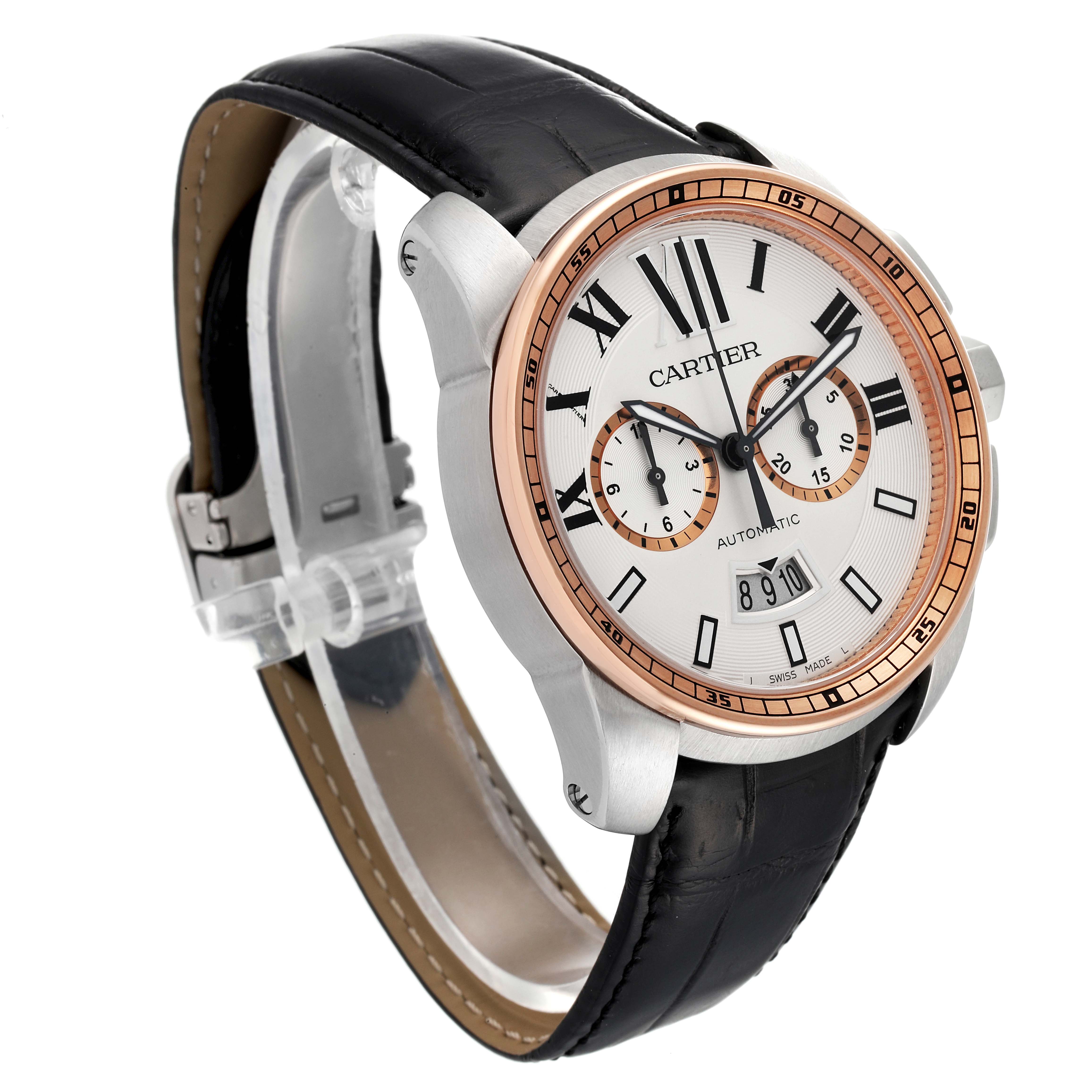 This image shows a three-quarter view of the Calibre de Cartier watch by Cartier, highlighting its dial, bezel, and leather strap.