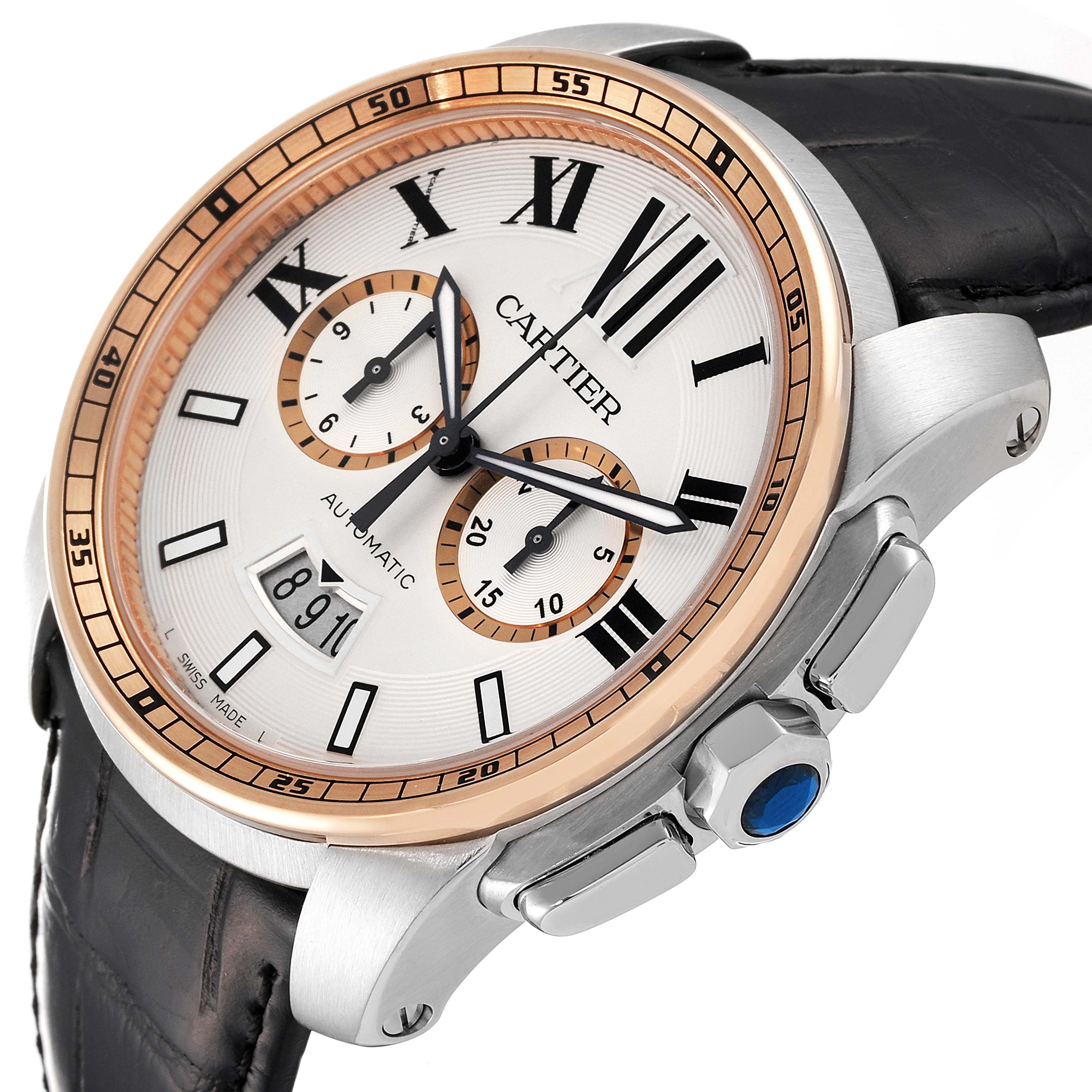 This Calibre de Cartier watch by Cartier is shown at a slight angle, highlighting its face, crown, and part of the leather strap.