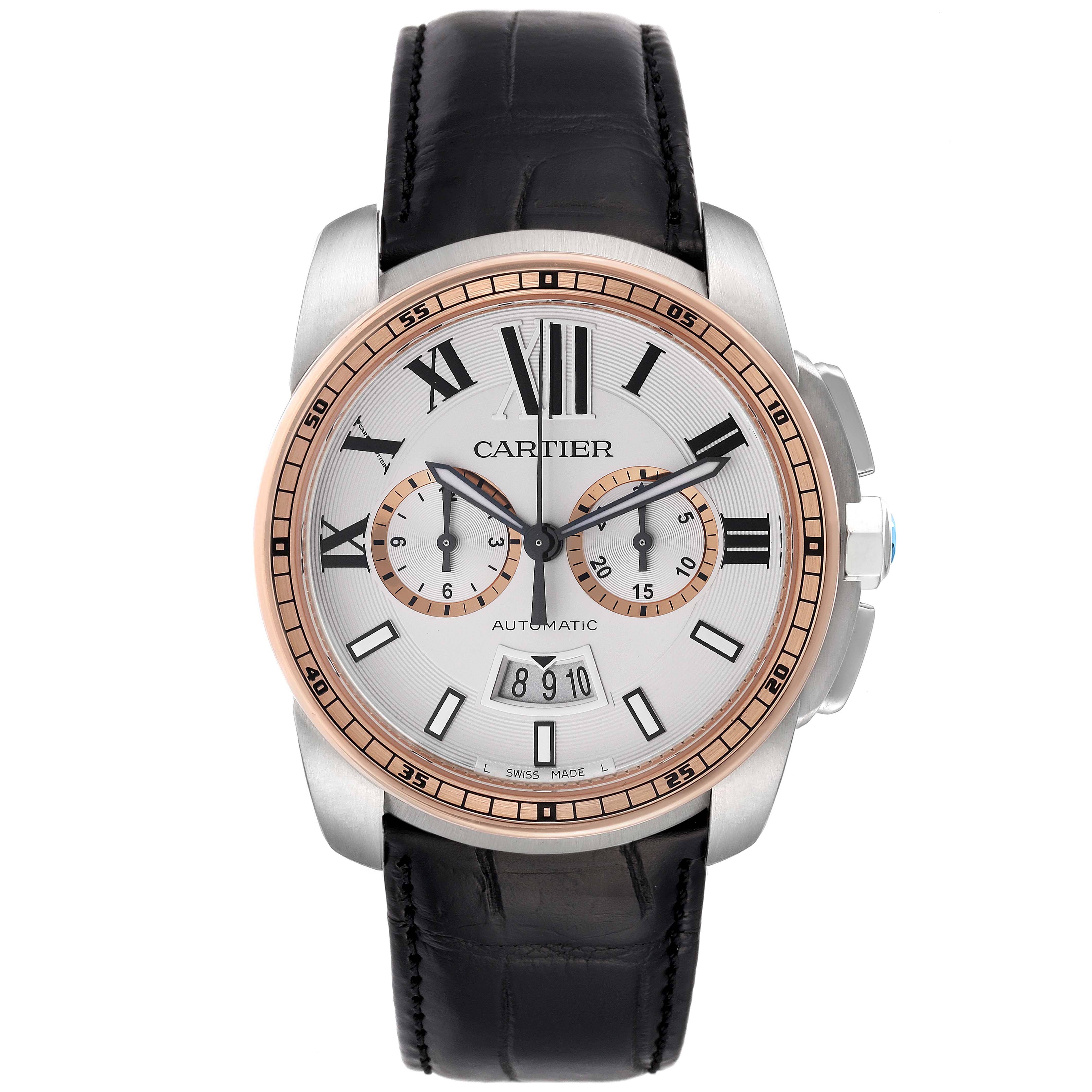 The image shows a front view of the Calibre de Cartier watch by Cartier, highlighting its face, bezel, and strap.