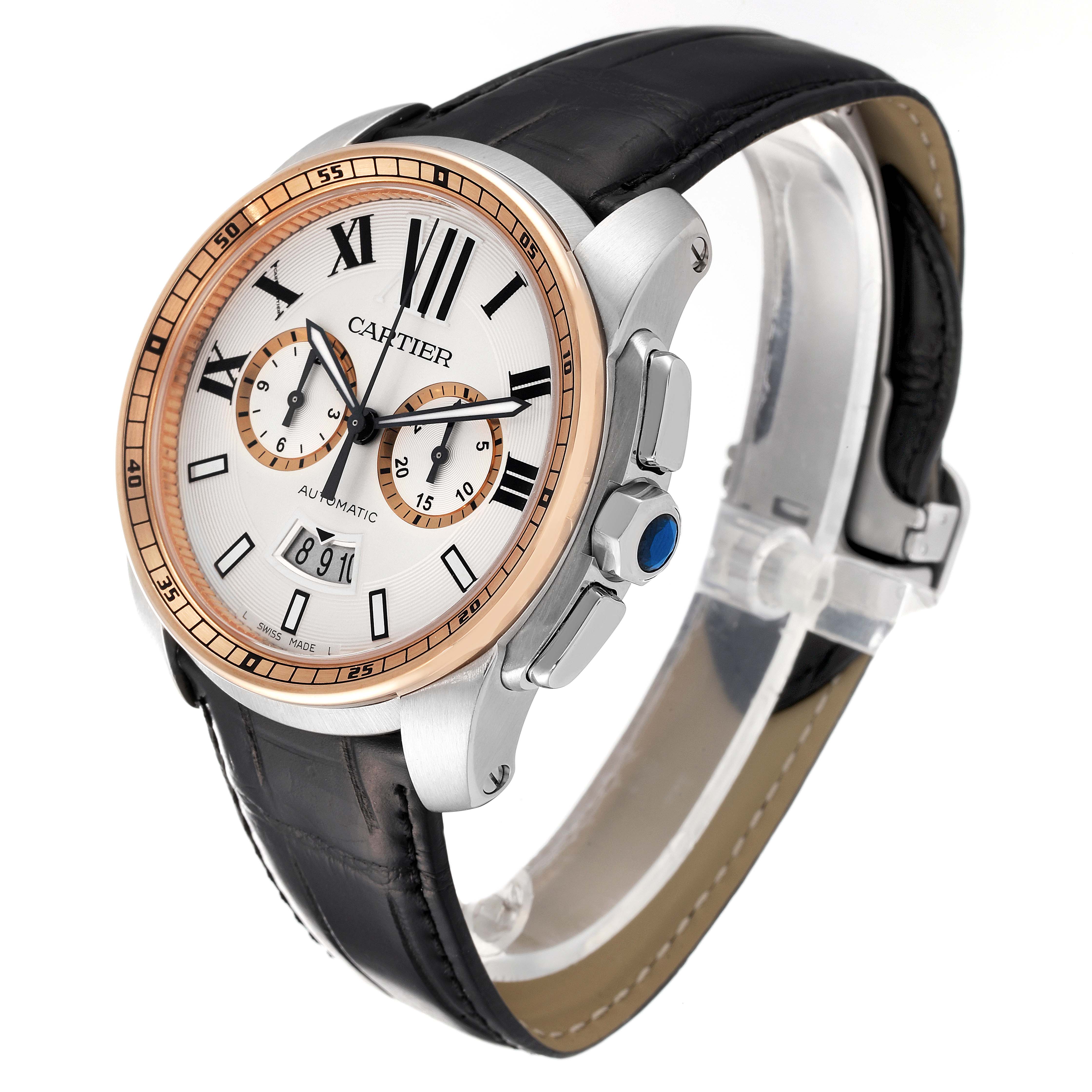 The image shows a Calibre de Cartier watch by Cartier, angled to display the dial, bezel, crown, and strap.