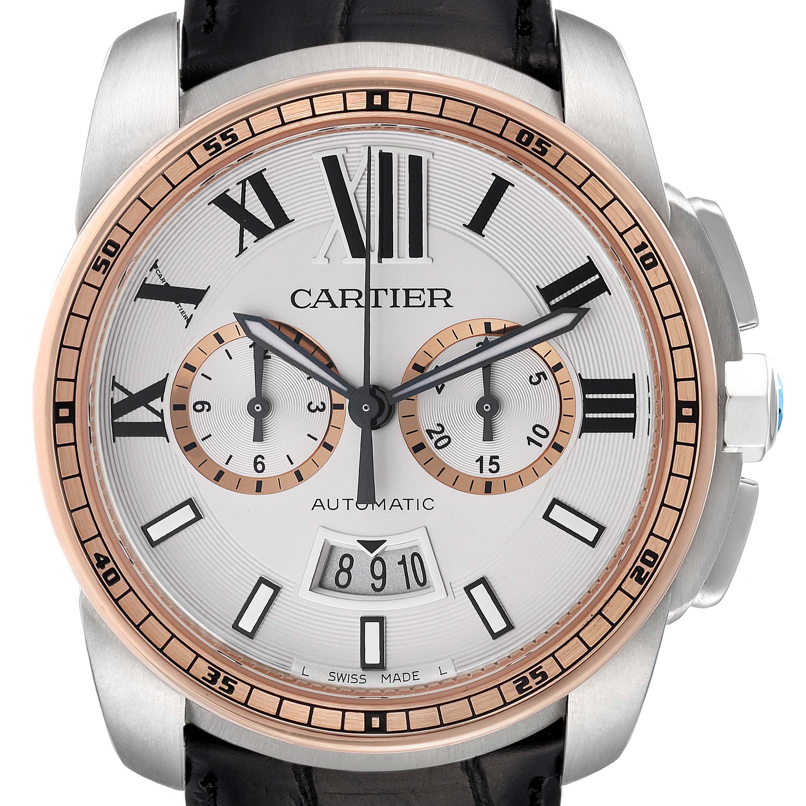 This image shows a frontal view of the Calibre de Cartier model by Cartier, highlighting the face, Roman numerals, sub-dials, and date window.