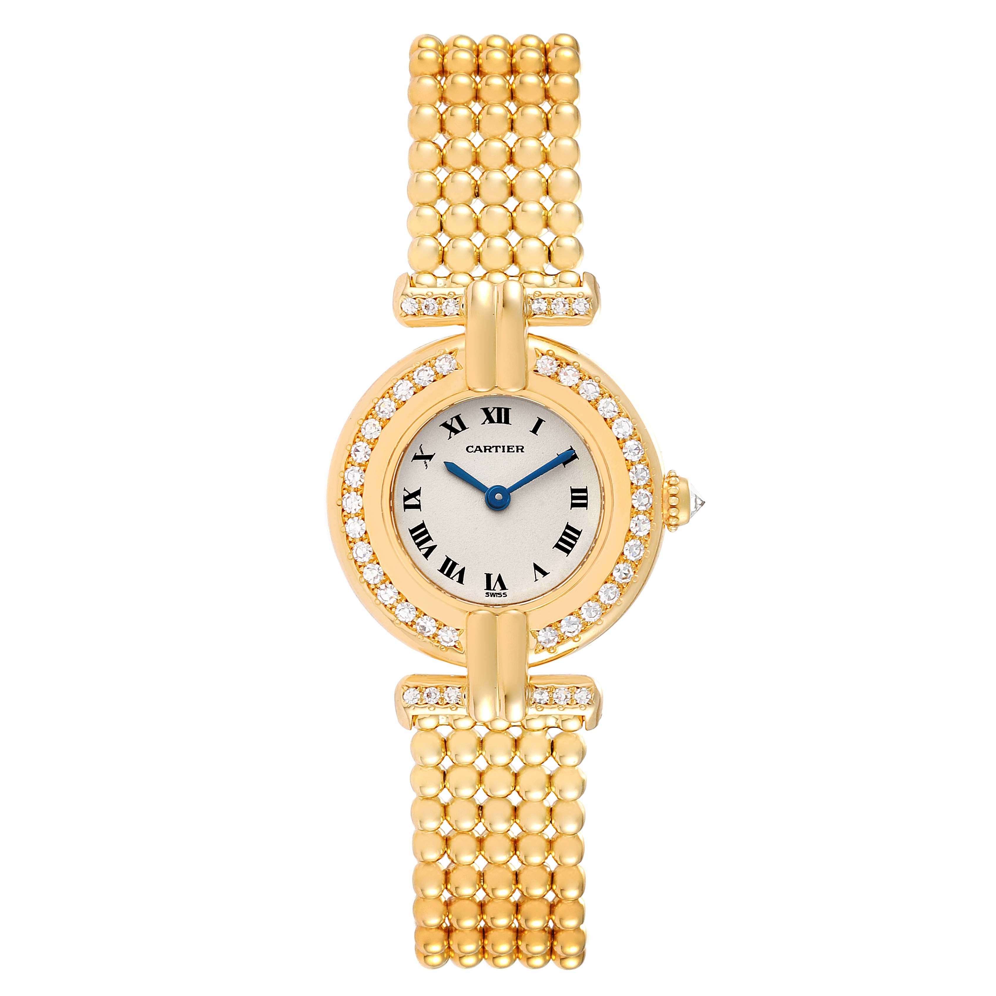 The Cartier Colisee 1129 Women's Yellow Gold Silver Dial 1129 Women's Yellow Gold Silver Dial watch is shown from a top-down angle, displaying its gold band, diamond bezel, and Roman numeral dial.