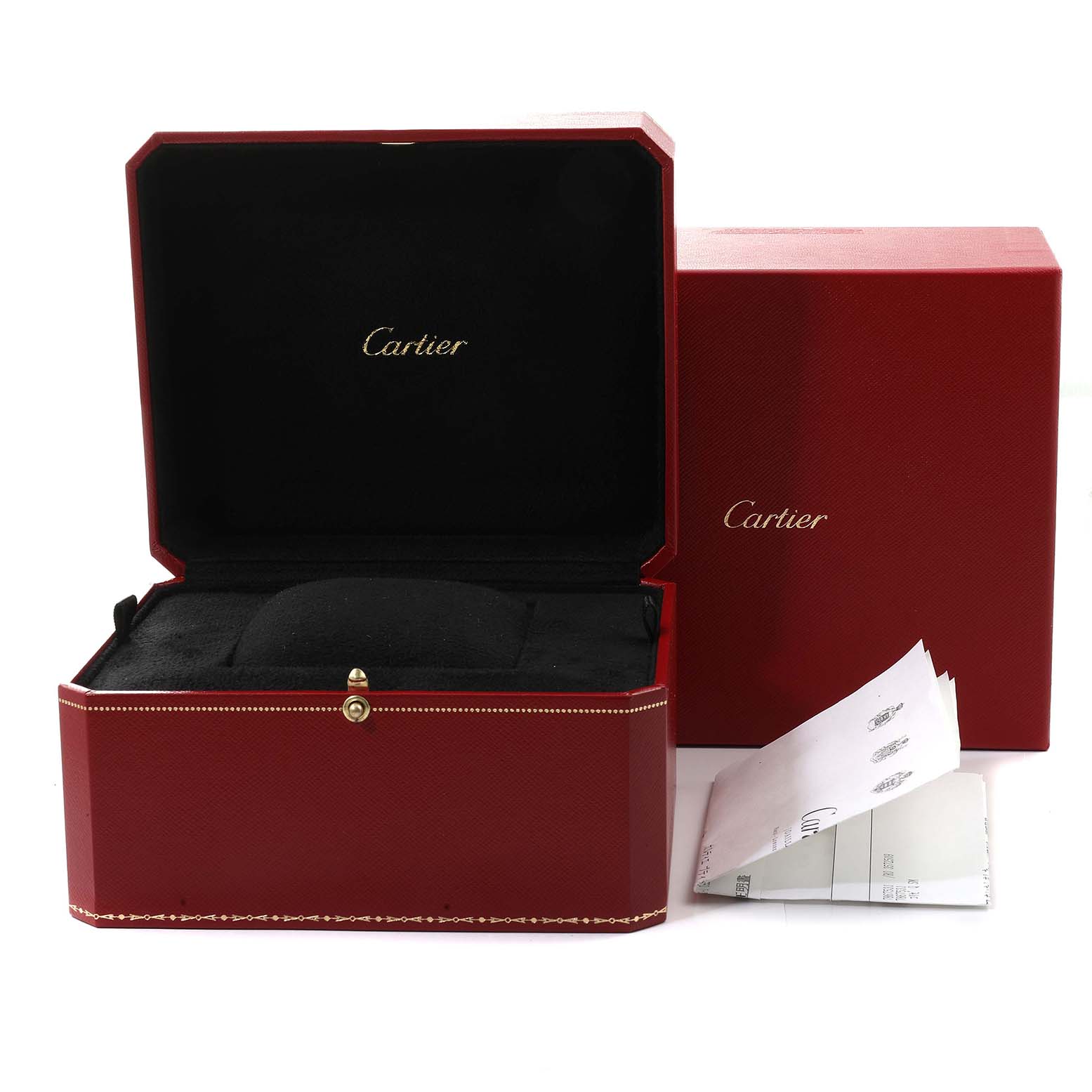 The image shows the open red box and paperwork for a Cartier Colisee 1129 Women's Yellow Gold Silver Dial 1129 Women's Yellow Gold Silver Dial watch, viewed from the front.