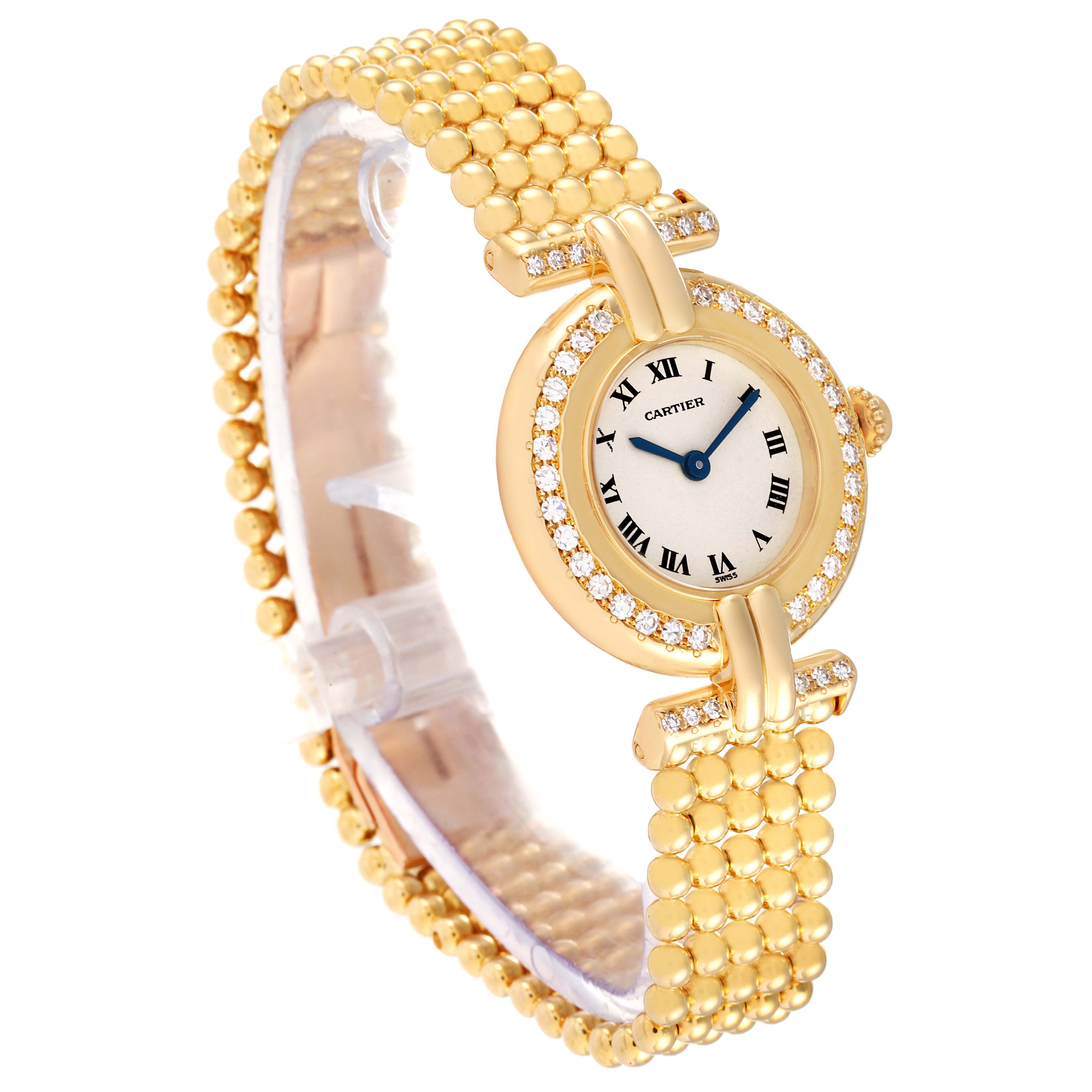 The image shows a side view of the Cartier Colisee 1129 Women's Yellow Gold Silver Dial 1129 Women's Yellow Gold Silver Dial watch, highlighting its gold bracelet and diamond-encrusted bezel.