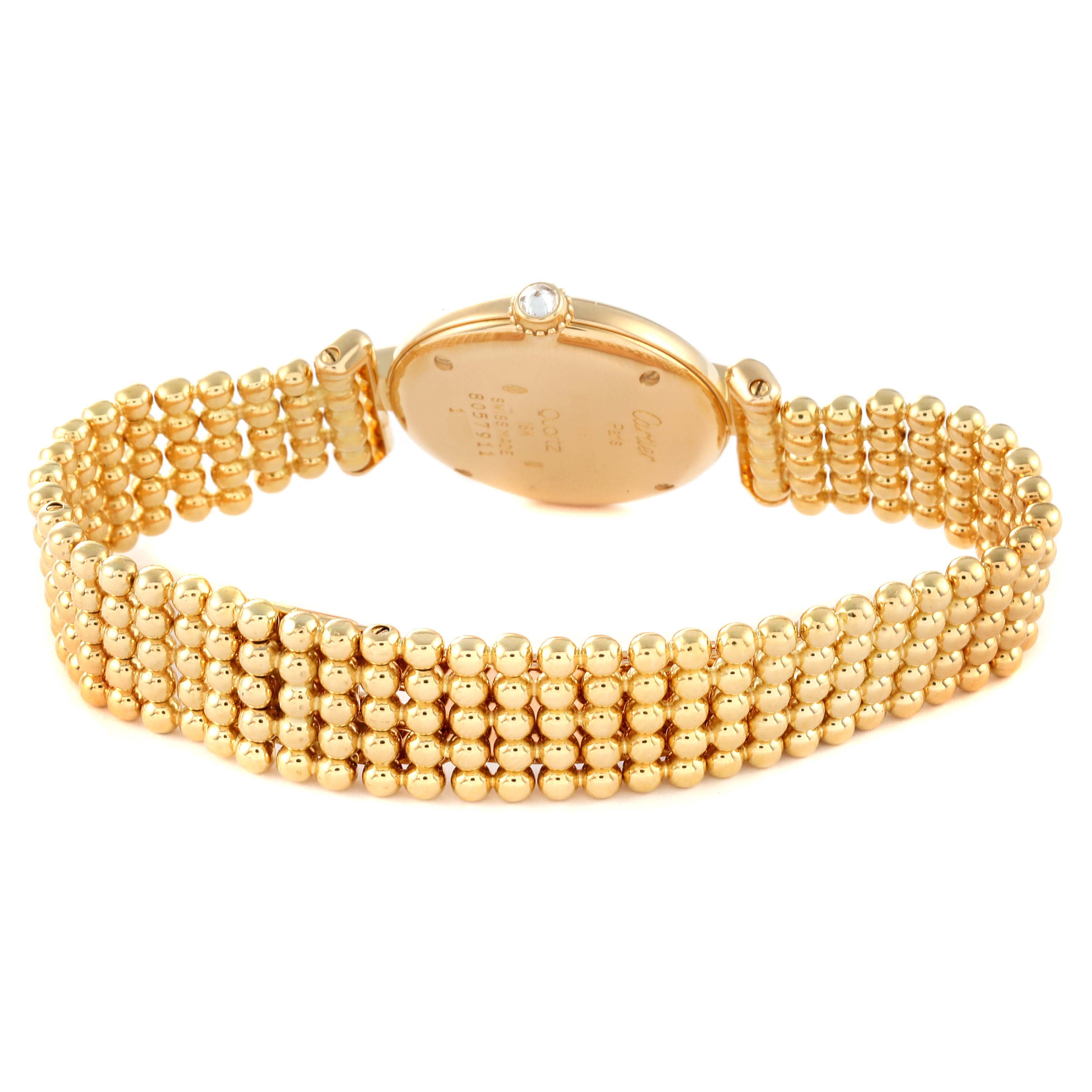 The image shows the rear view and bracelet of the Cartier Colisee 1129 Women's Yellow Gold Silver Dial 1129 Women's Yellow Gold Silver Dial watch, highlighting its gold tone and beaded design.