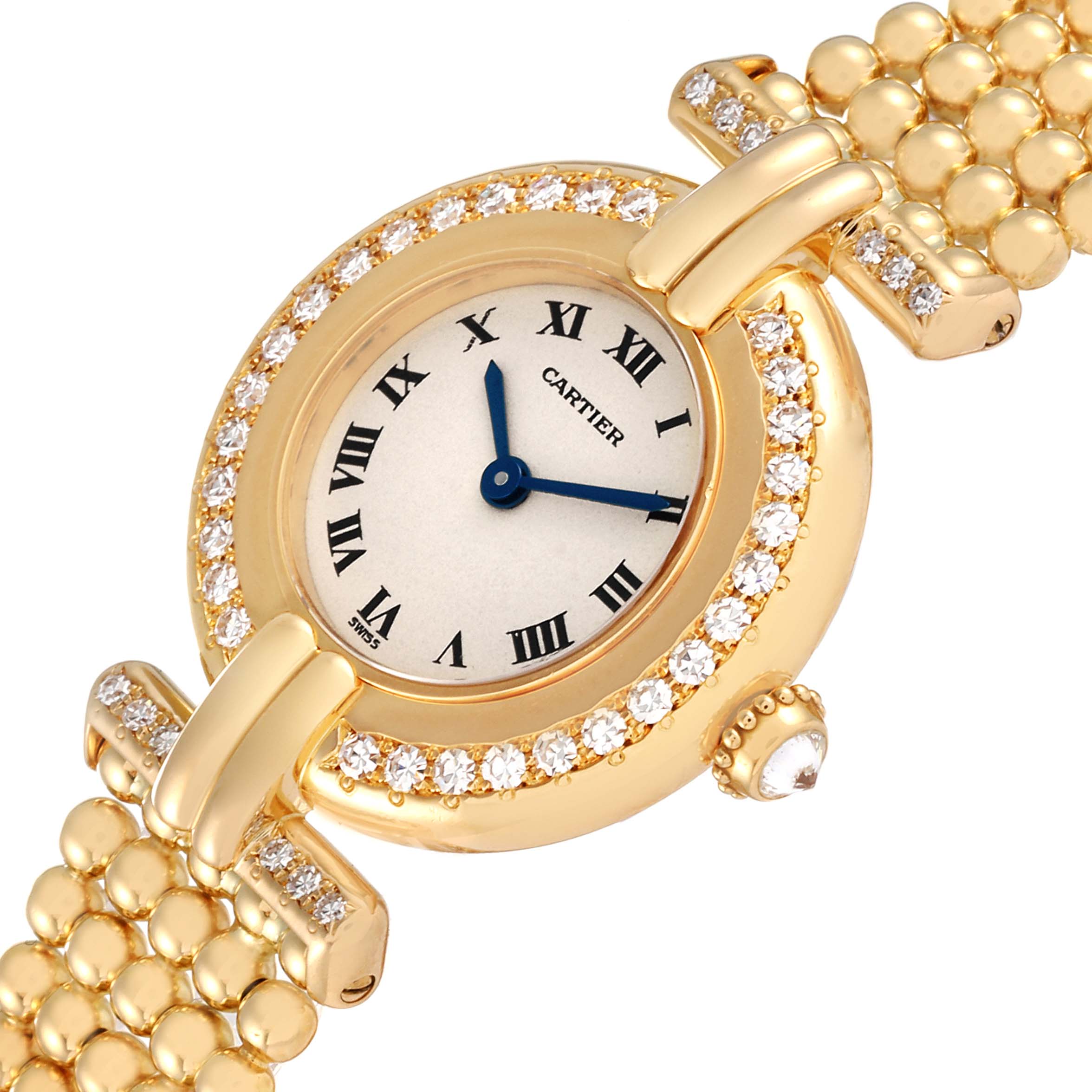 The Cartier Colisee 1129 Women's Yellow Gold Silver Dial 1129 Women's Yellow Gold Silver Dial watch is shown at an angle, highlighting its face, bejeweled bezel, and part of the gold strap.
