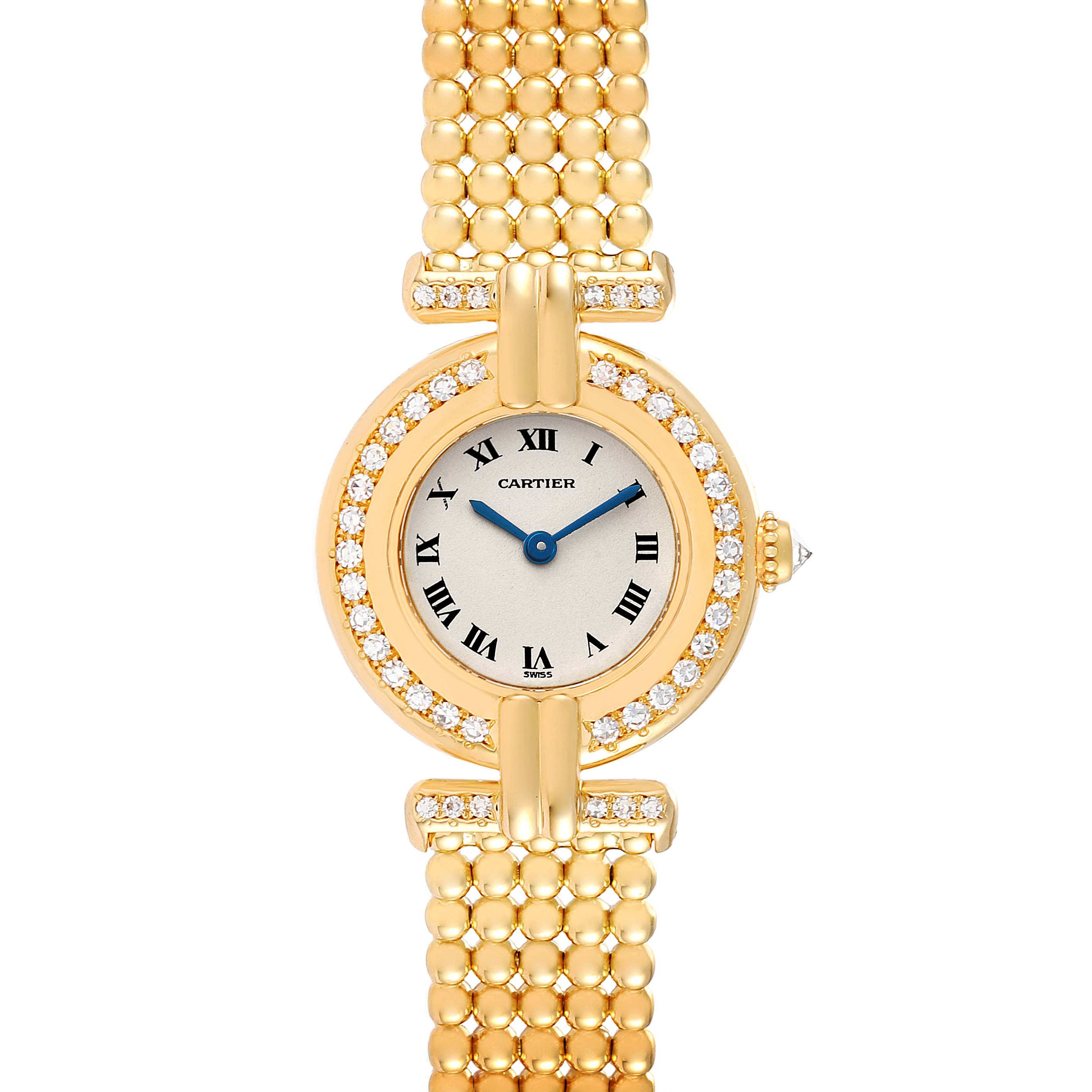The image shows a top view of the Cartier Colisee 1129 Women's Yellow Gold Silver Dial 1129 Women's Yellow Gold Silver Dial watch, highlighting its round face, diamond bezel, and gold link bracelet.