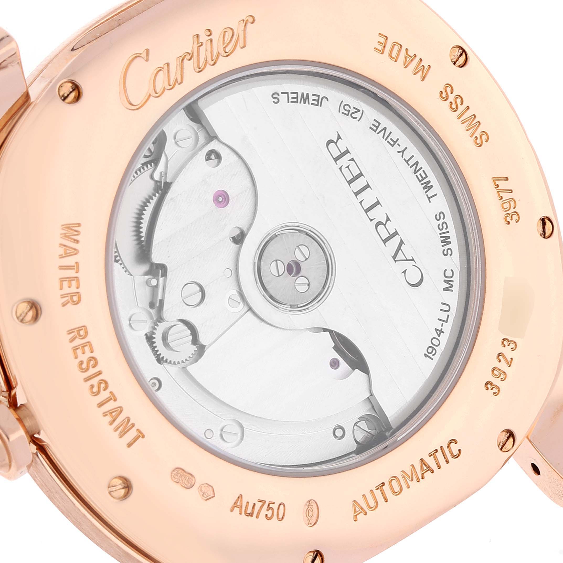 The image shows the back view of the Drive de Cartier watch by Cartier, displaying the movement and engravings.