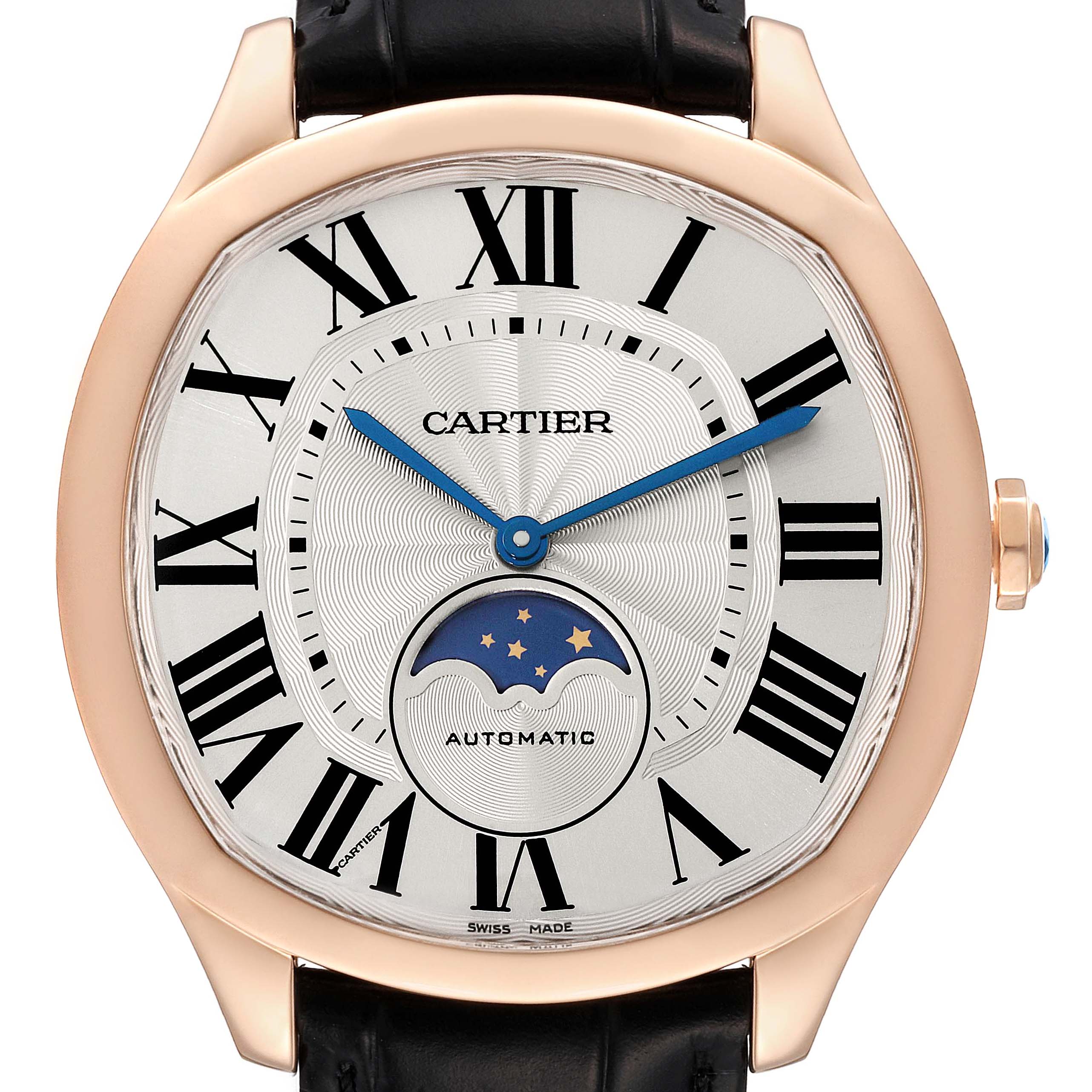 The Drive de Cartier watch is shown from the front, highlighting its dial, Roman numerals, hands, moon phase, and crown.