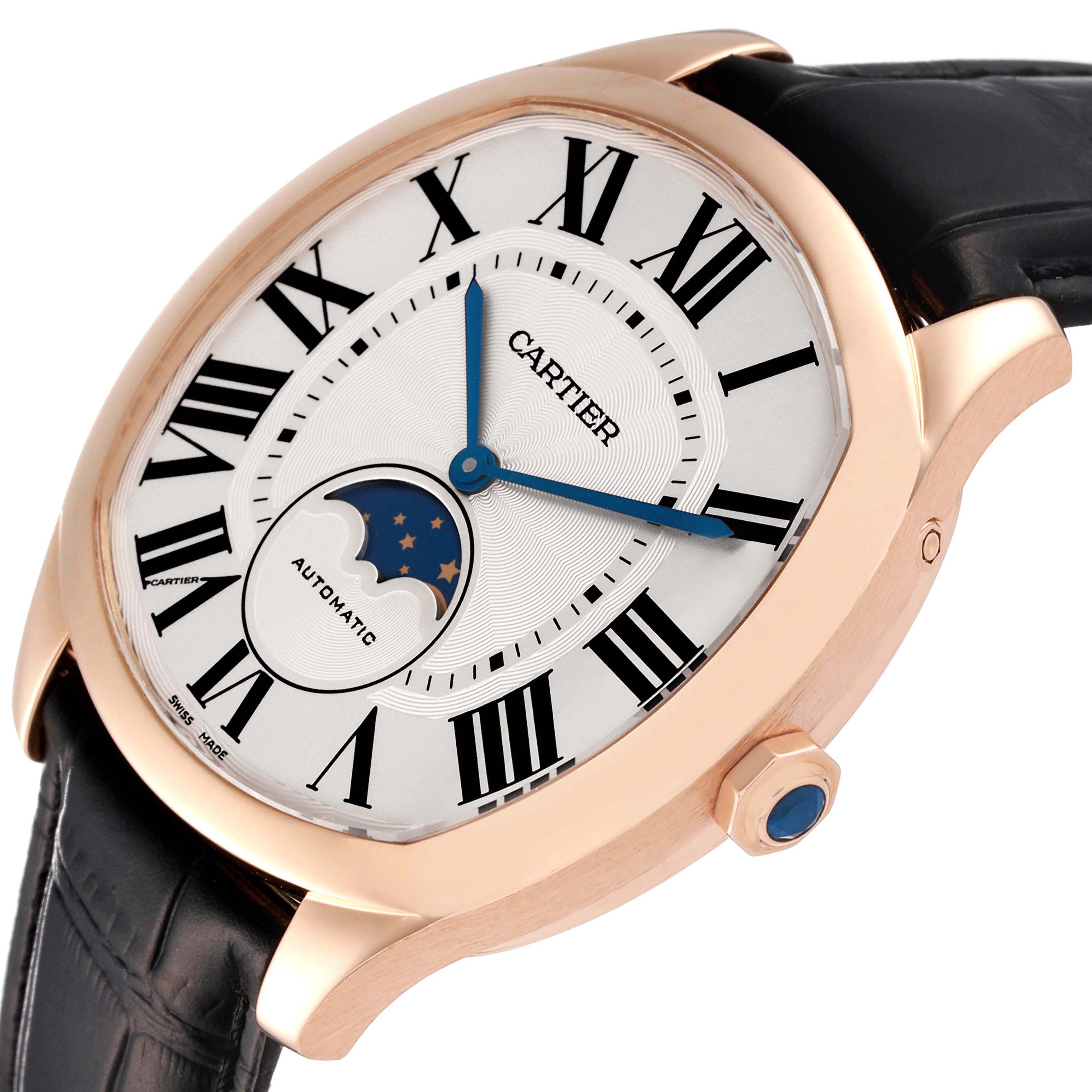The Drive de Cartier watch by Cartier is angled to show the dial, rose gold case, black leather strap, and crown detail.