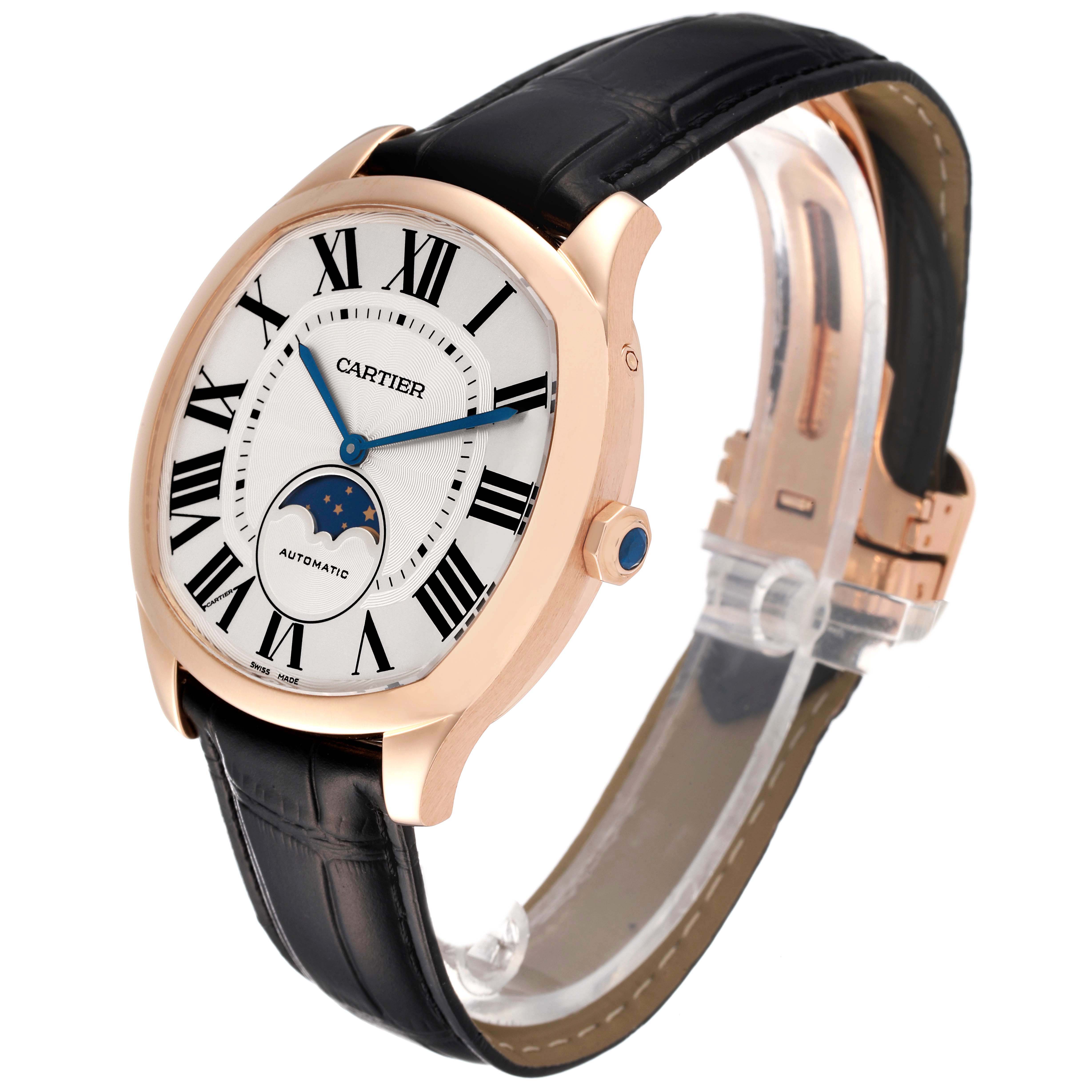The Drive de Cartier watch is shown at a 3/4 angle, highlighting the dial, bezel, crown, and leather strap.