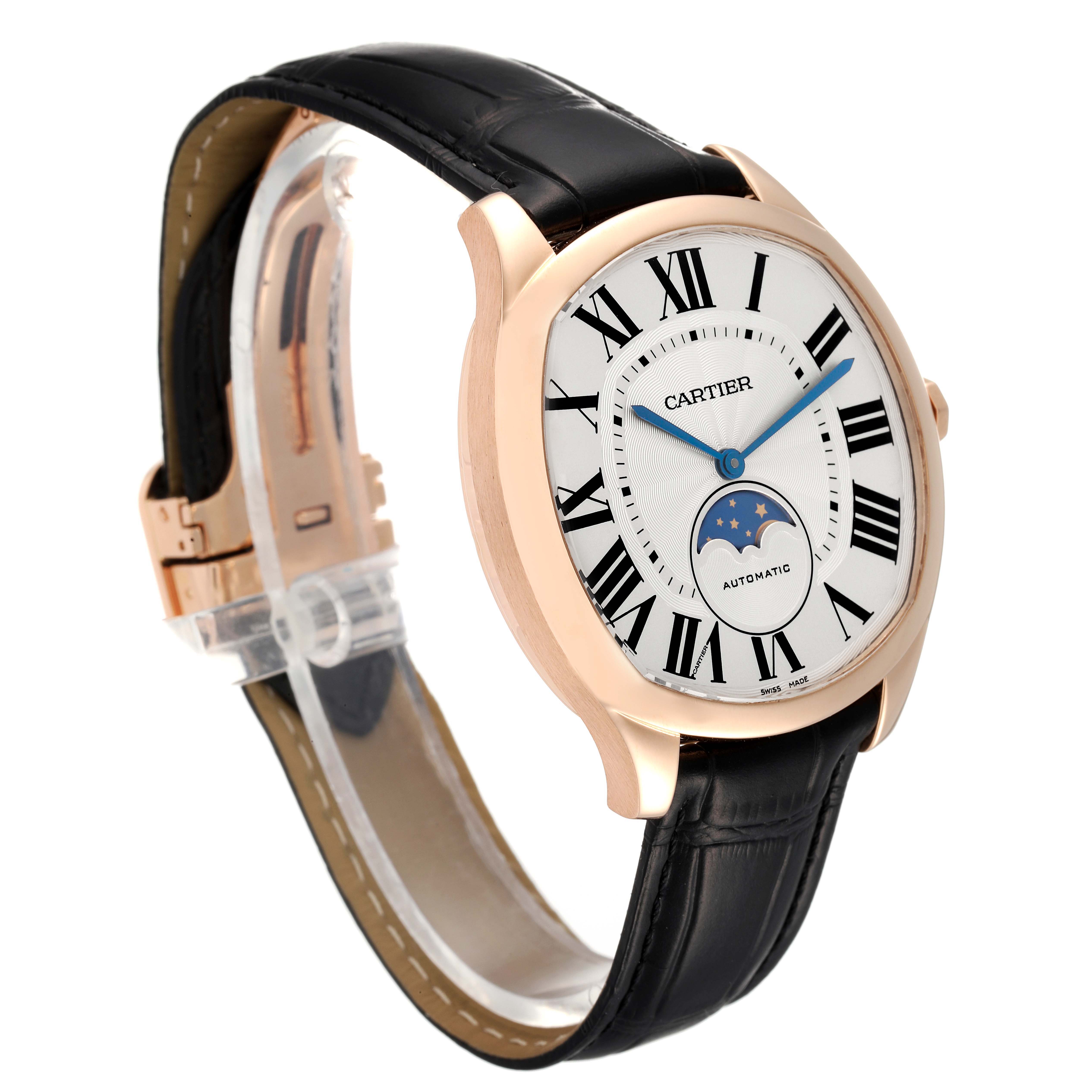 The Drive de Cartier watch is shown at a three-quarter angle, highlighting its face, bezel, and leather strap.