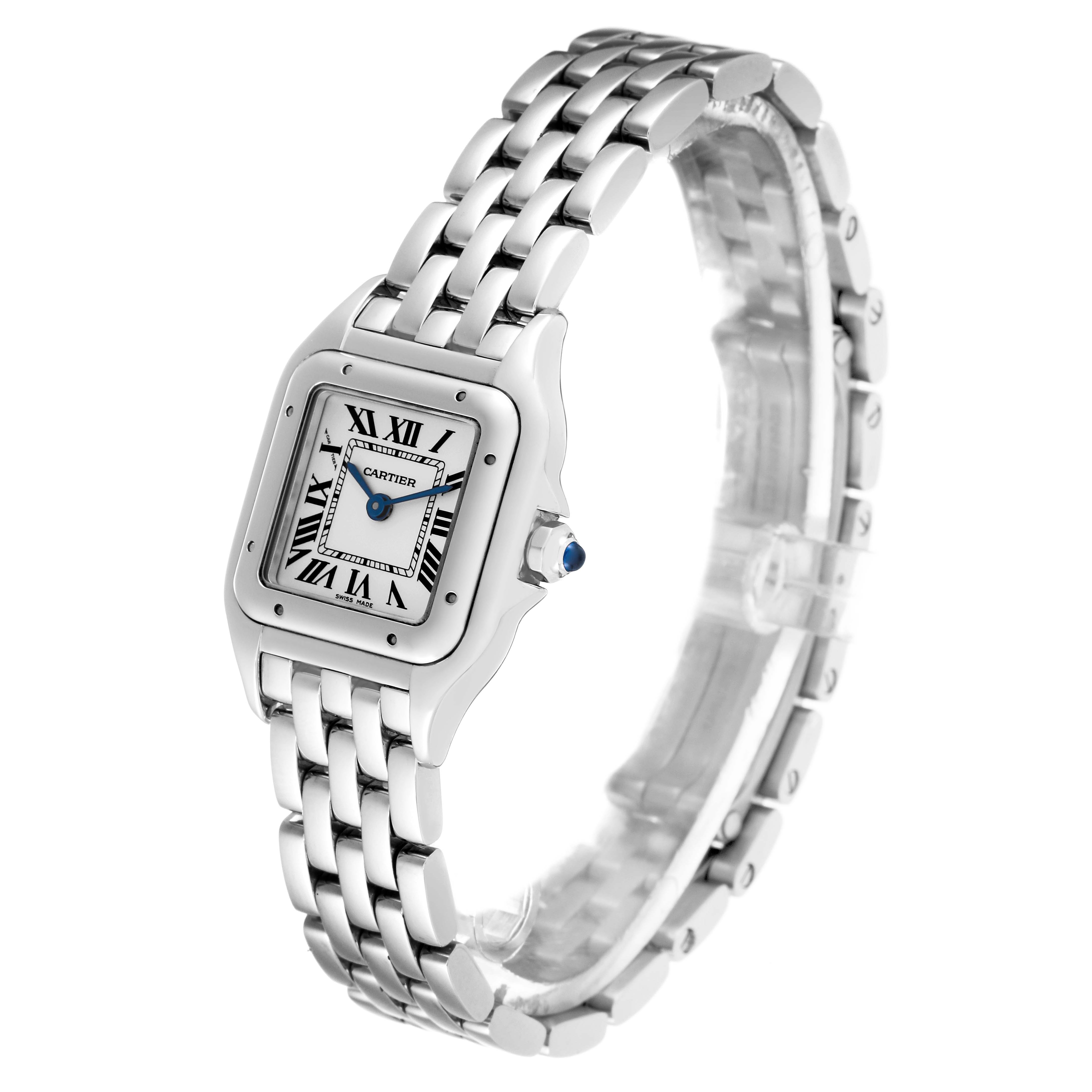 The image shows a front angled view of a Cartier Panthere WSPN0006 Women's Stainless Steel Silver Dial WSPN0006 Women's Stainless Steel Silver Dial watch, displaying the face, bezel, and bracelet.