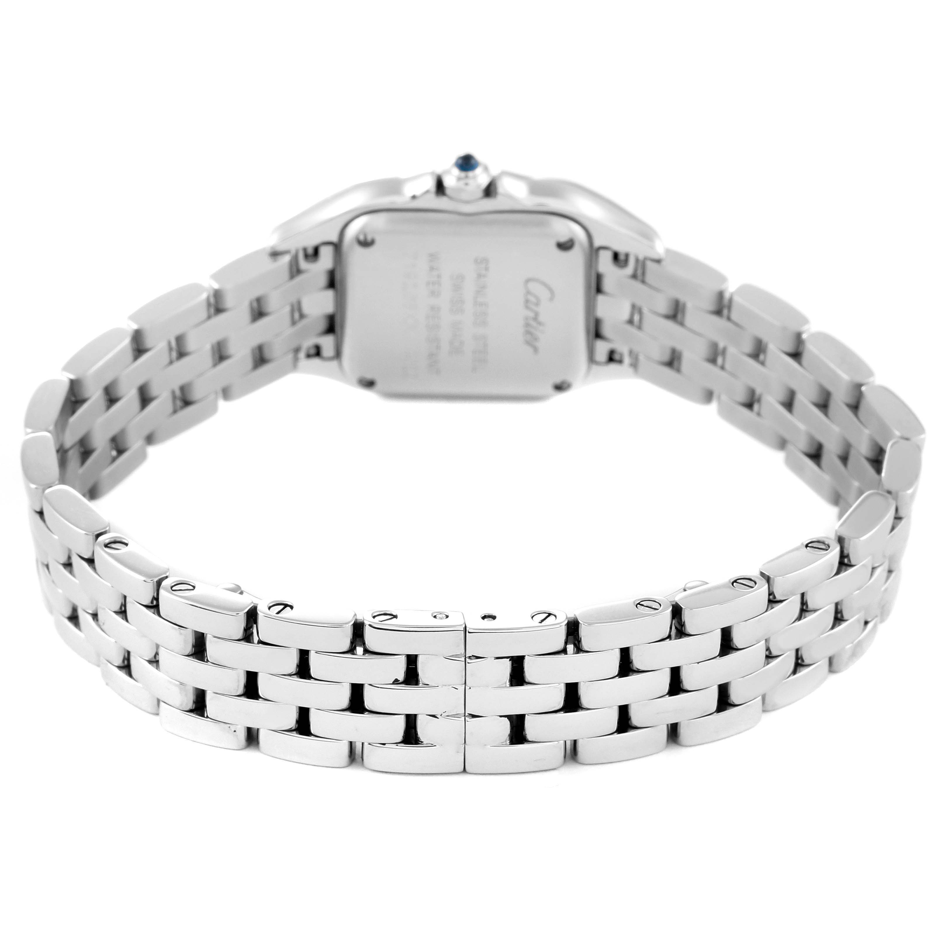 This image shows the back view of the Cartier Panthere WSPN0006 Women's Stainless Steel Silver Dial WSPN0006 Women's Stainless Steel Silver Dial watch, highlighting the bracelet and case back.
