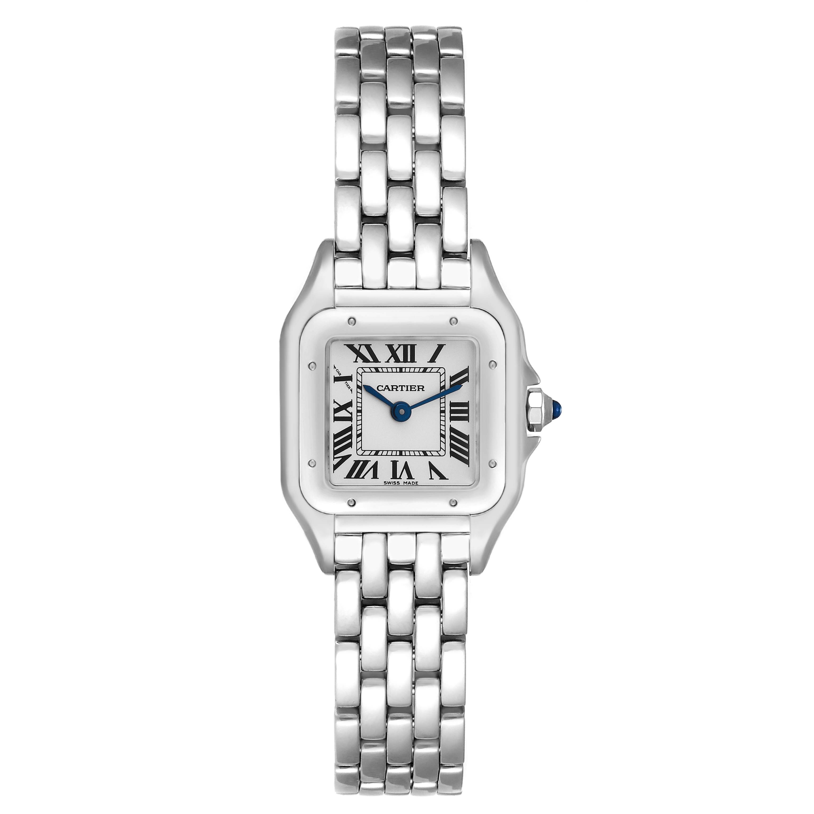 This image shows a front view of the Panthère model watch by Cartier, featuring the dial, case, and bracelet.