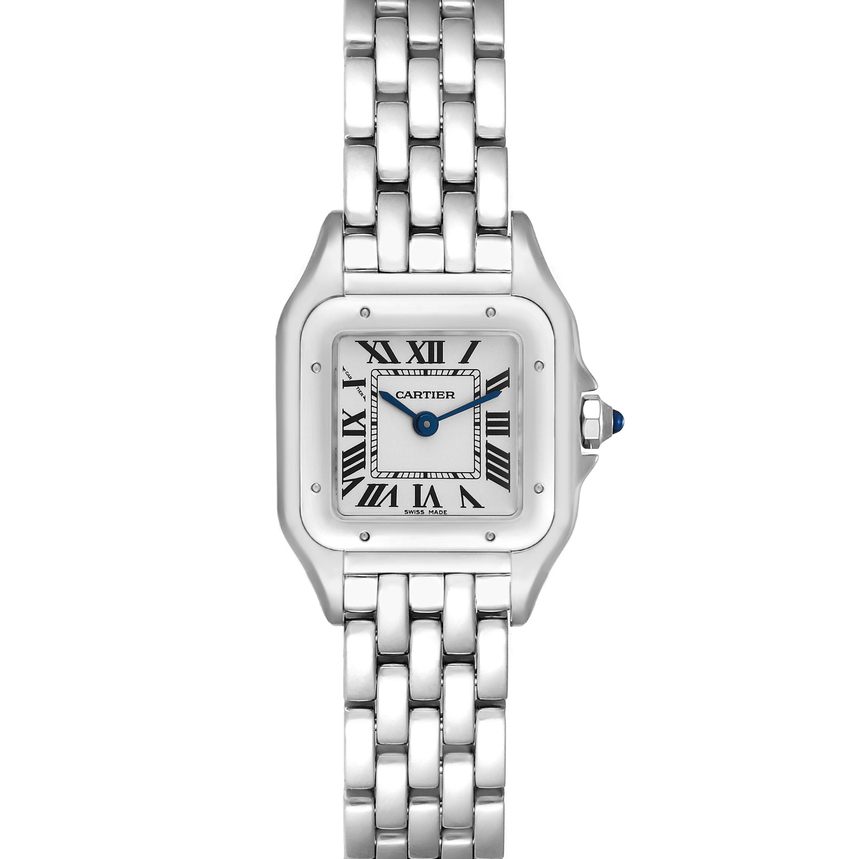 The Cartier Panthere WSPN0006 Women's Stainless Steel Silver Dial WSPN0006 Women's Stainless Steel Silver Dial watch is shown from a front angle, displaying its face, case, crown, and part of the metal bracelet.