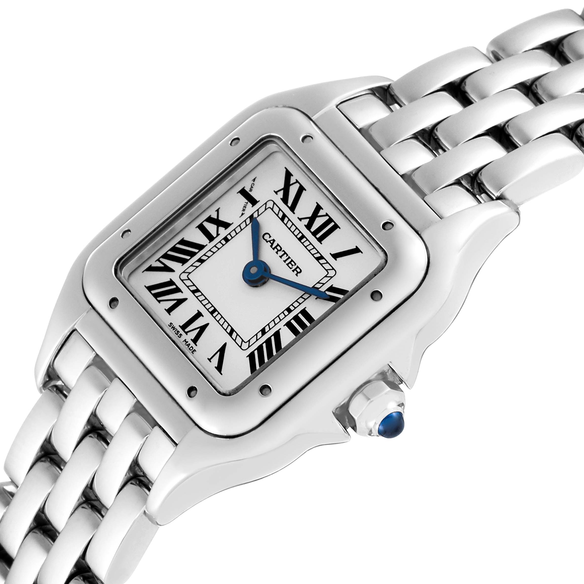 This image shows a close-up, angled view of the Cartier Panthere WSPN0006 Women's Stainless Steel Silver Dial WSPN0006 Women's Stainless Steel Silver Dial watch face, crown, and part of the bracelet.