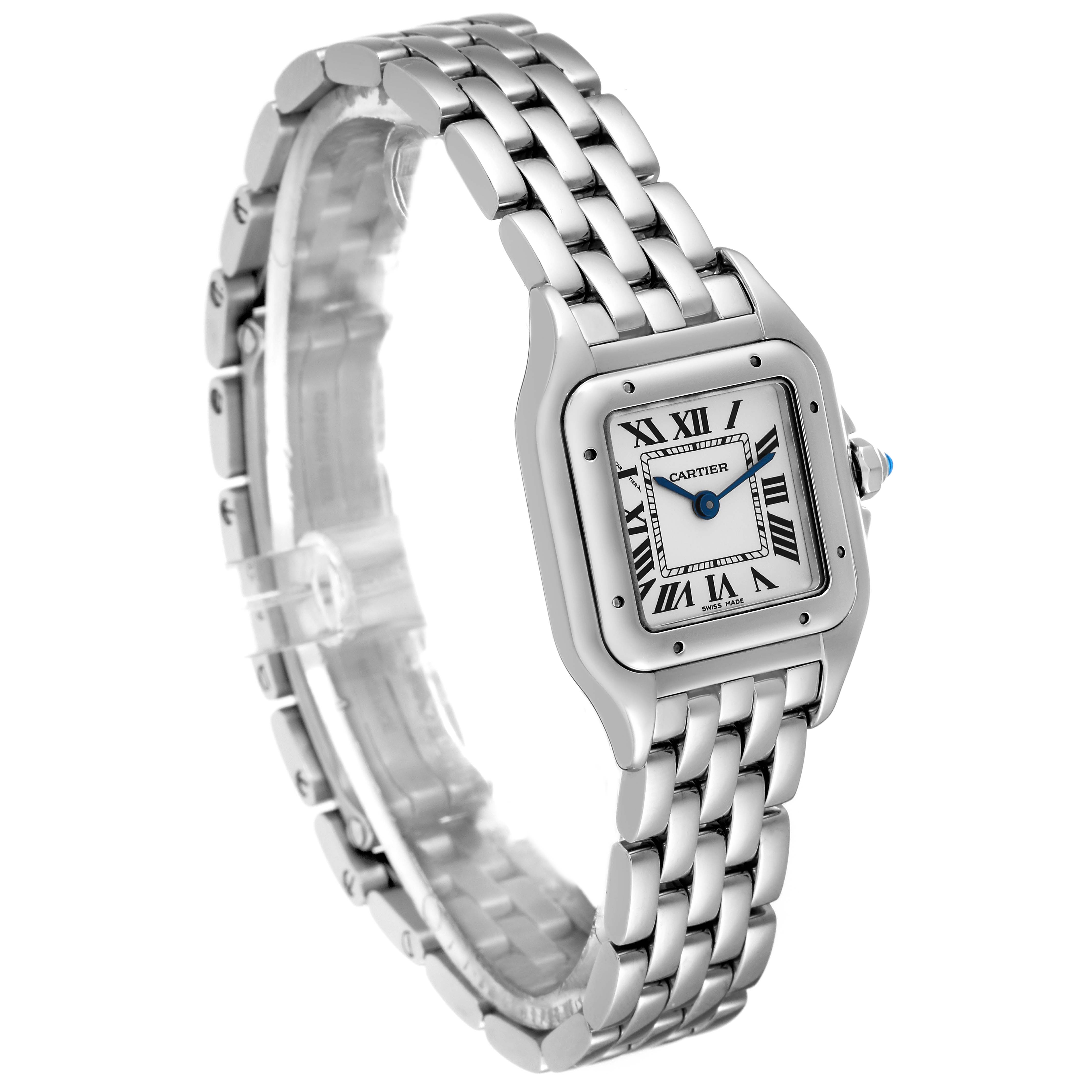 The image shows a Cartier Panthere WSPN0006 Women's Stainless Steel Silver Dial WSPN0006 Women's Stainless Steel Silver Dial watch at a slight angle, highlighting the face, crown, and bracelet.
