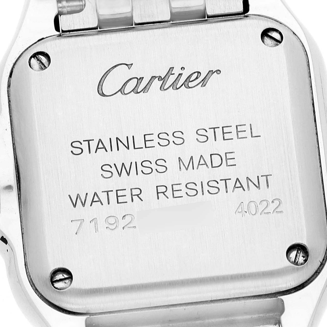 This image shows the back case of a Cartier Panthere WSPN0006 Women's Stainless Steel Silver Dial WSPN0006 Women's Stainless Steel Silver Dial watch, highlighting its stainless steel material and other specifications.