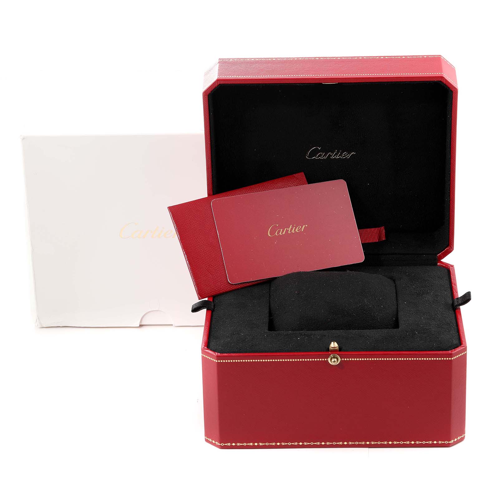 The image shows the packaging for a Cartier Panthere WSPN0006 Women's Stainless Steel Silver Dial WSPN0006 Women's Stainless Steel Silver Dial model watch, including a red box, cushion, and documentation.