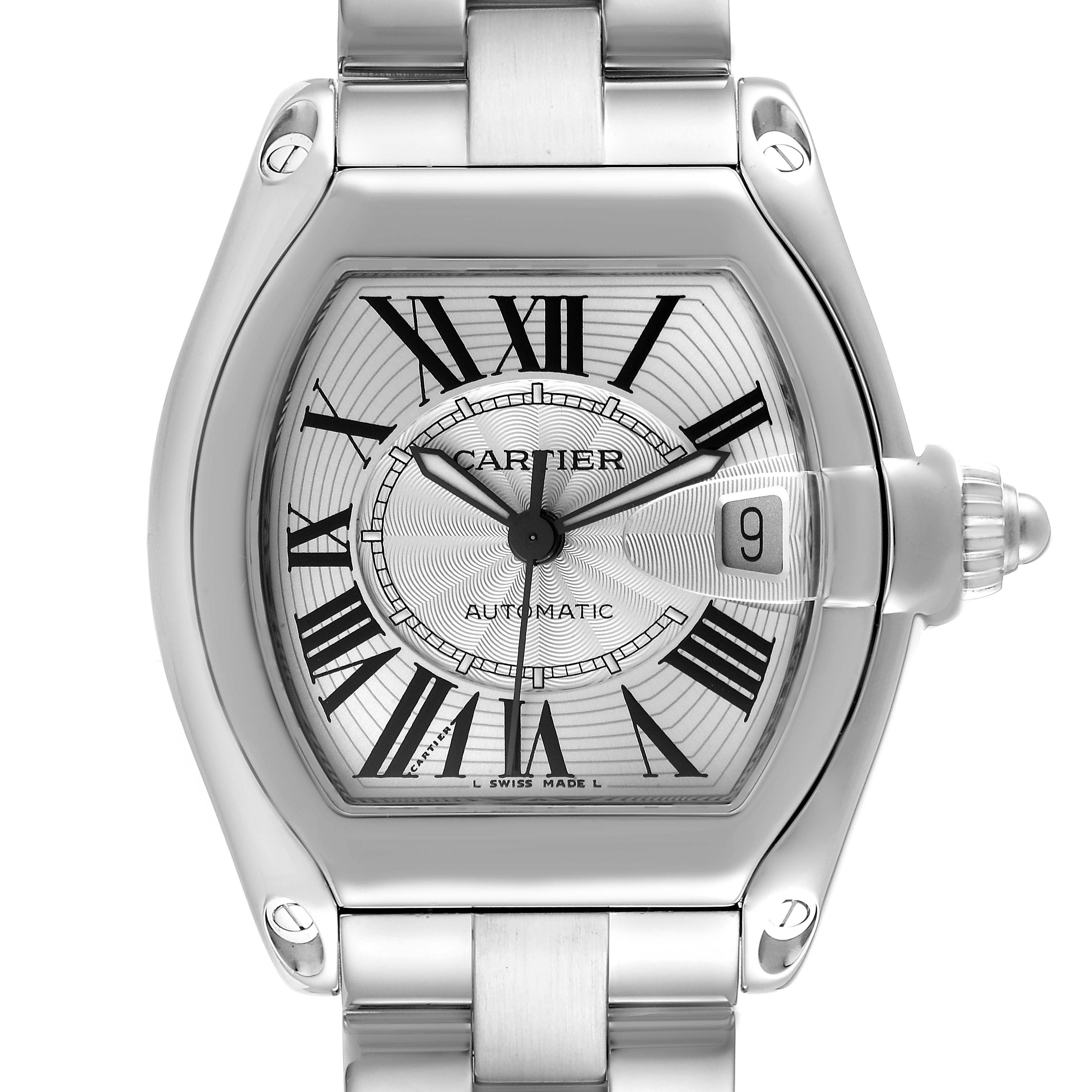 The image shows a head-on view of the dial and part of the bracelet of a Cartier Roadster W62025V3 Men's Stainless Steel Silver Dial W62025V3 Men's Stainless Steel Silver Dial watch.
