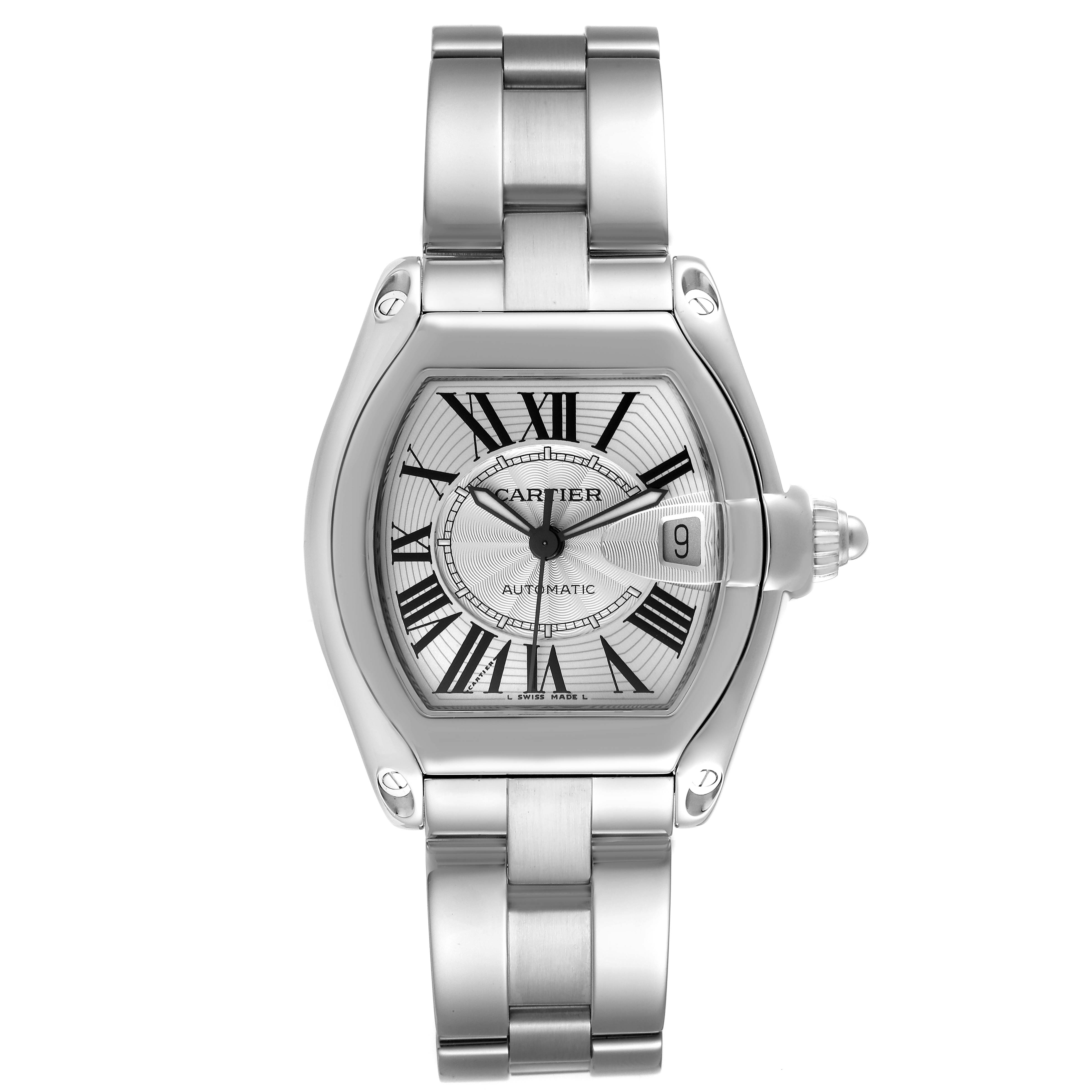 The image shows a front view of the Roadster model by Cartier, highlighting the face, bracelet, and date window.